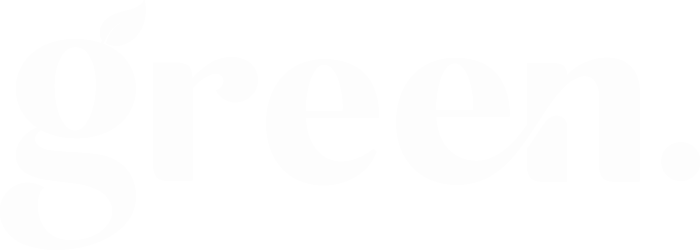 The word 'green.' written in white lowercase letters with a small leaf above the letter 'g' on a black background.