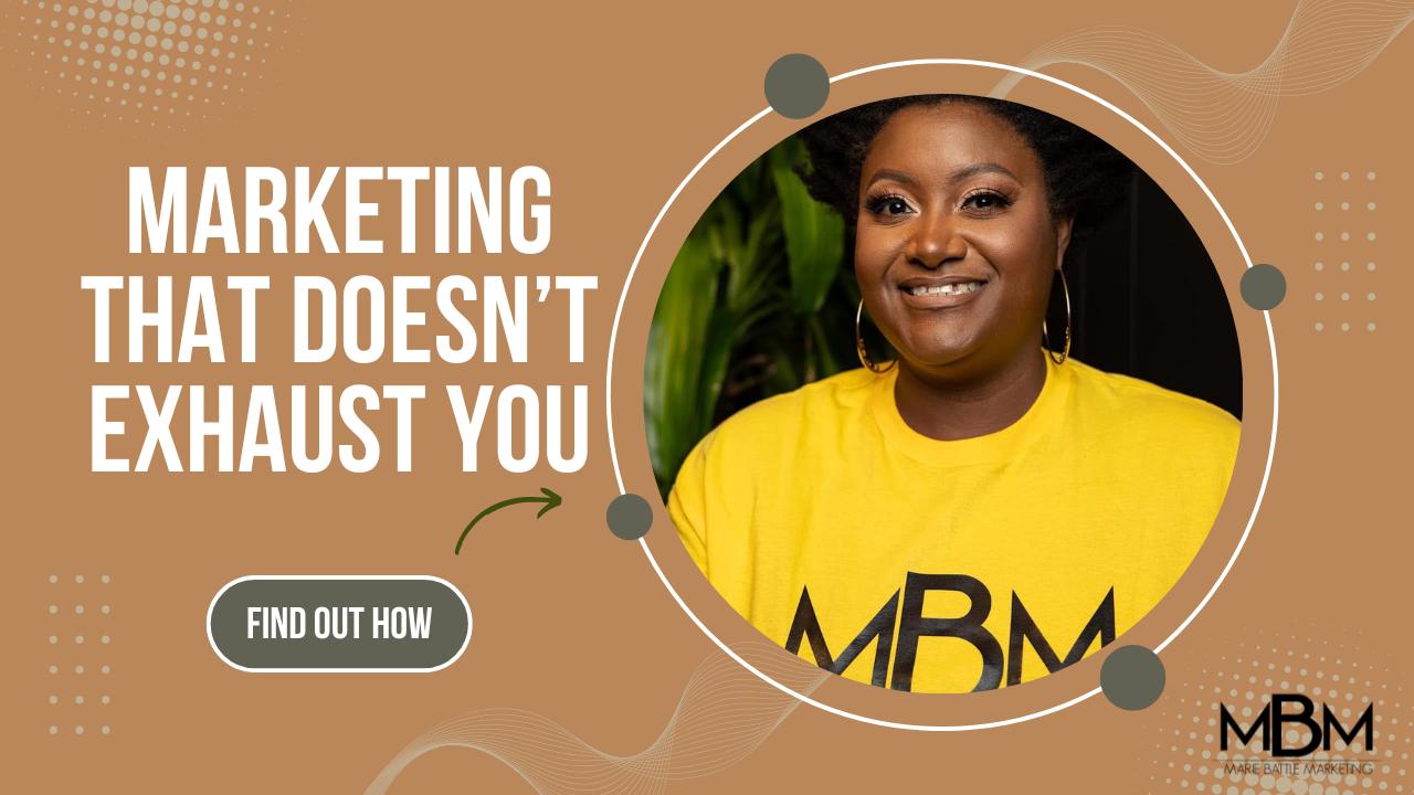 A woman smiling, wearing a yellow shirt with black text, in front of a green plant background, promoting marketing strategies.