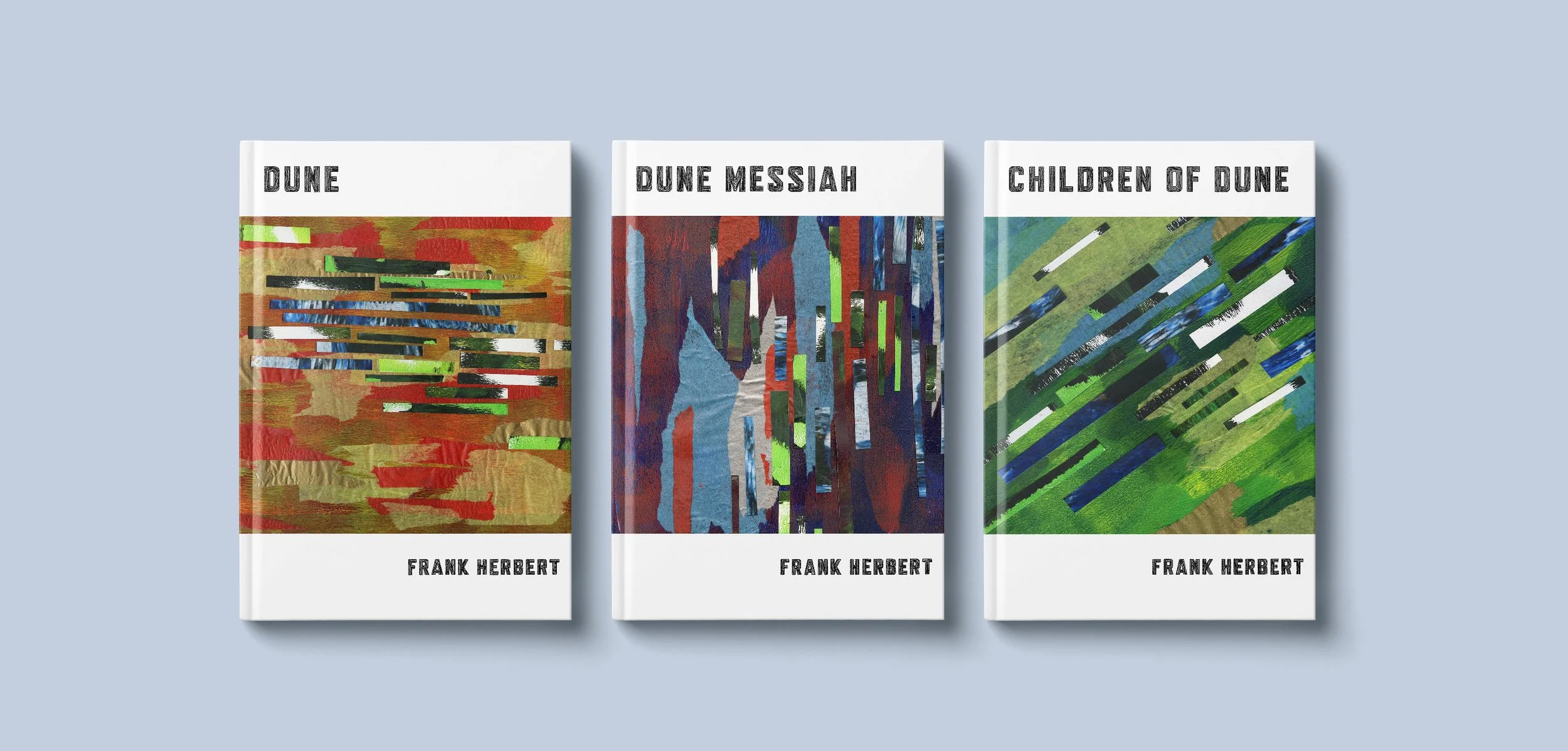 Three books with abstract colorful cover art and white bands at the top and bottom, titles 'Dune', 'Dune Messiah', and 'Children of Dune' by Frank Herbert, arranged side by side on a light blue background.