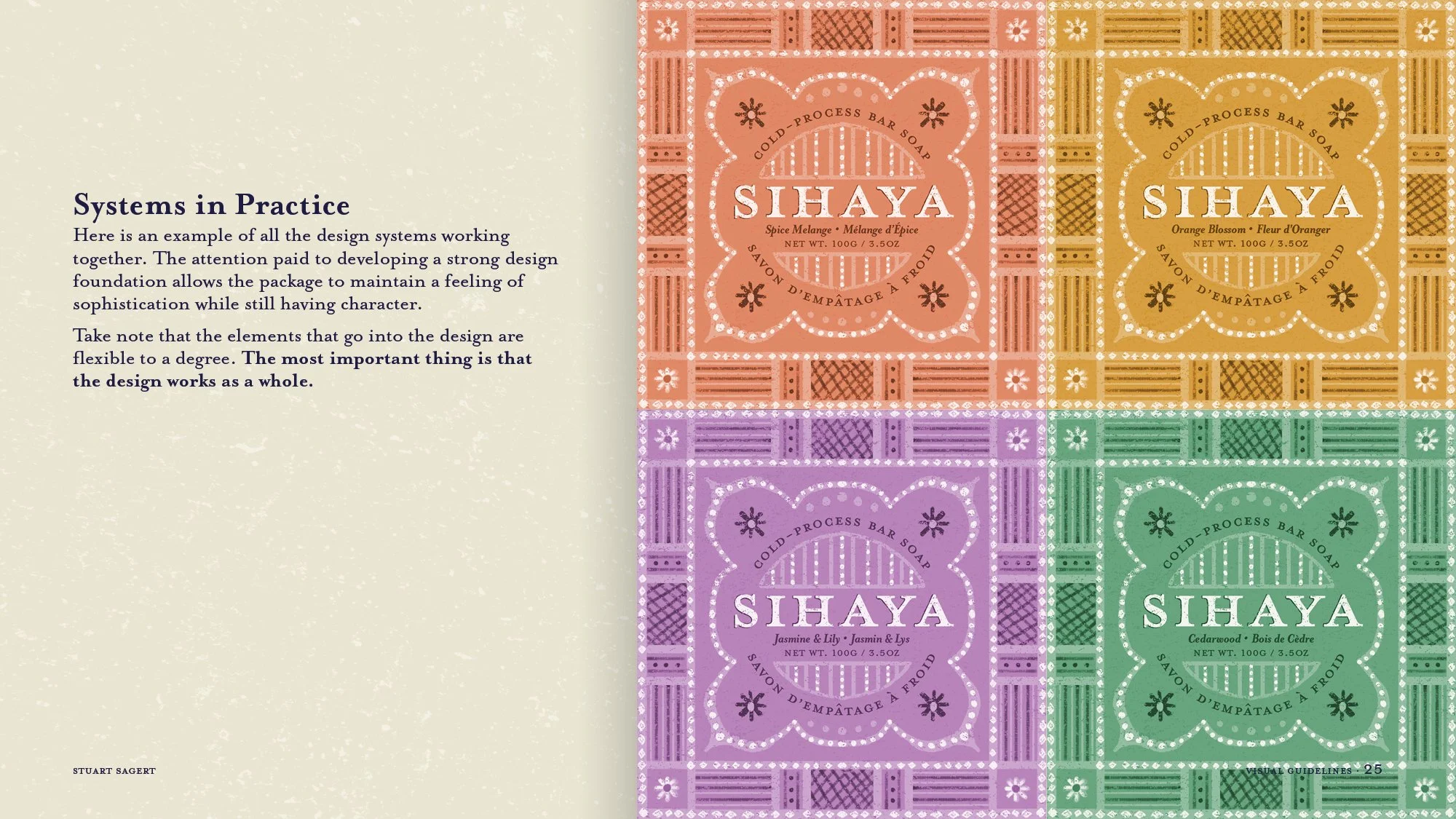 Page layout with text on the left side explaining design systems; on the right side, four colorful soap packaging designs in orange, yellow, purple, and green, each labeled SIHAYA with different scent names and decorative borders.