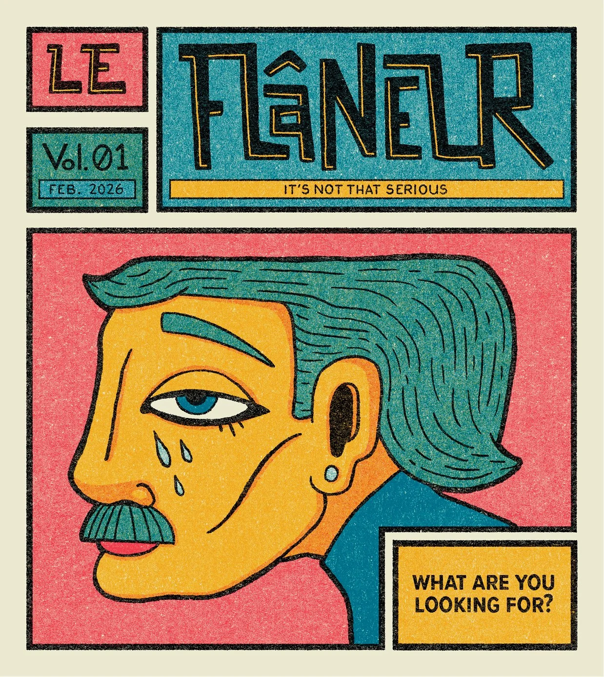 Vintage comic book cover titled "Le Finder" with a subtitle "It's not that serious." The cover features an illustrated portrait of an older man with blue hair, a mustache, and a tear falling from his eye, against a pink background. The bottom right c