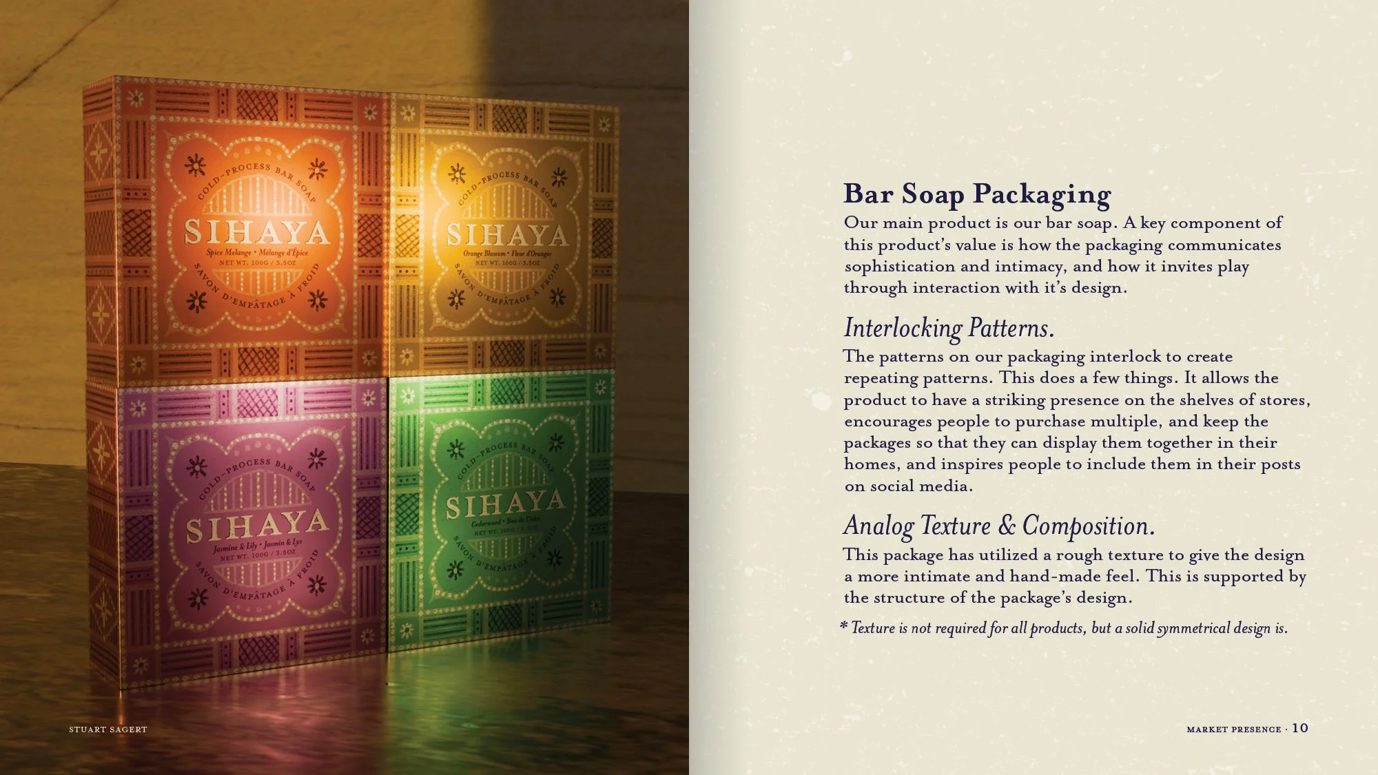 A display of four colorful bar soap boxes with intricate patterns, stacked on a wooden surface, and descriptive text about soap packaging design on a page.
