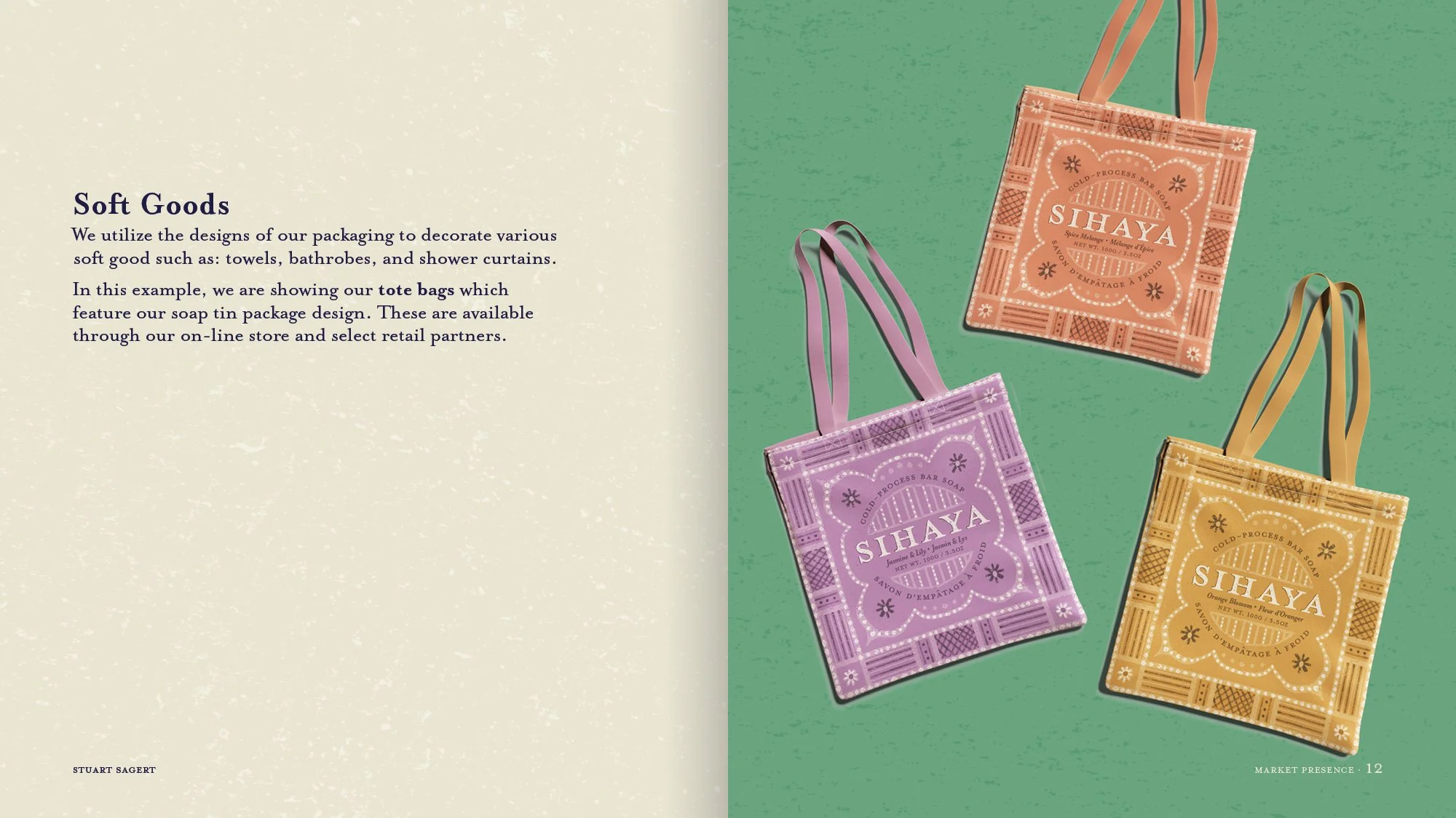 Three colorful tote bags with soap tin package designs, featuring purple, pink, and yellow colors and floral patterns, arranged on a green background.