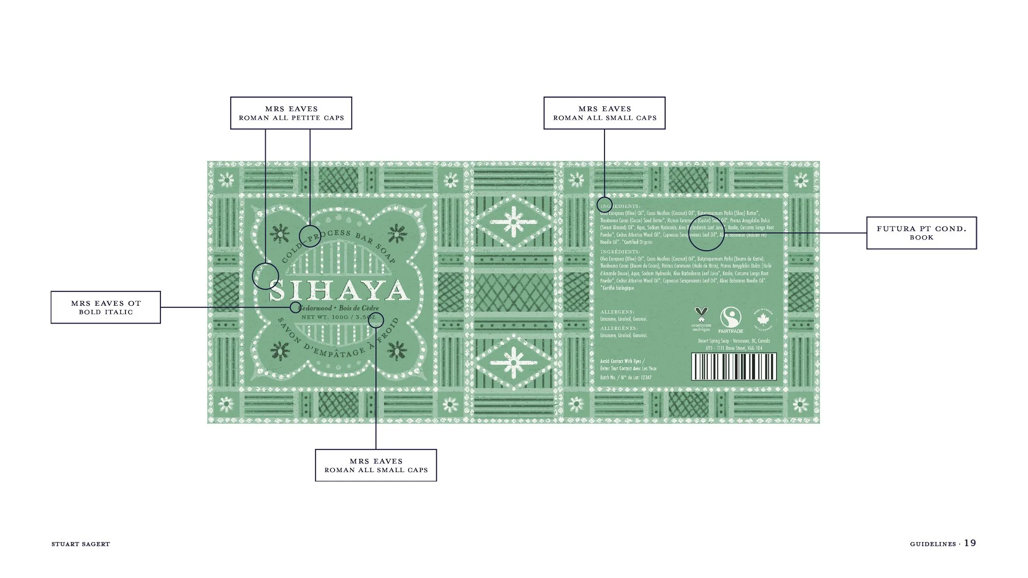 A product label for SIHAYA soap with intricate green and white pattern, featuring text, ingredient and allergen information, symbols for vegan, Fairtrade, and ecological standards, and a barcode.