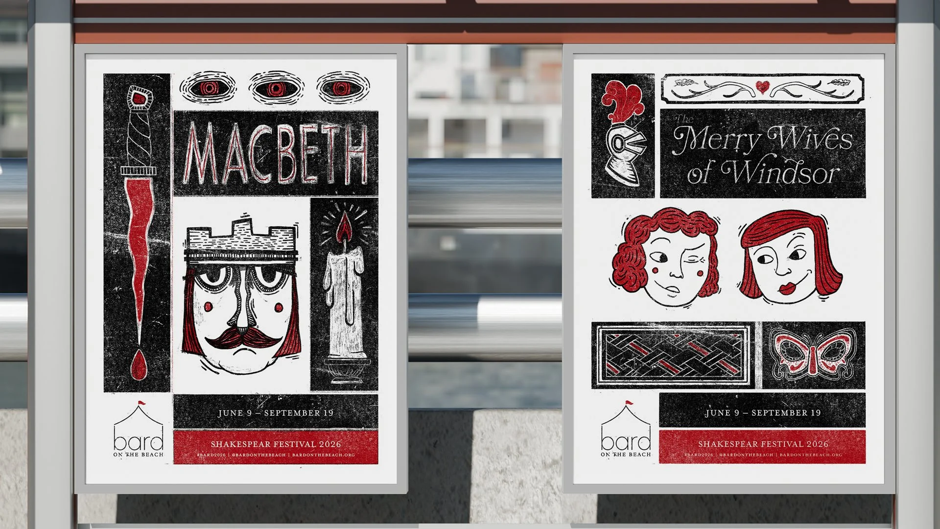 Posters advertising a Shakespeare festival, featuring illustrations of Macbeth and the Merry Wives of Windsor, with dates June 9 to September 19, and the text "Bard on the Beach".