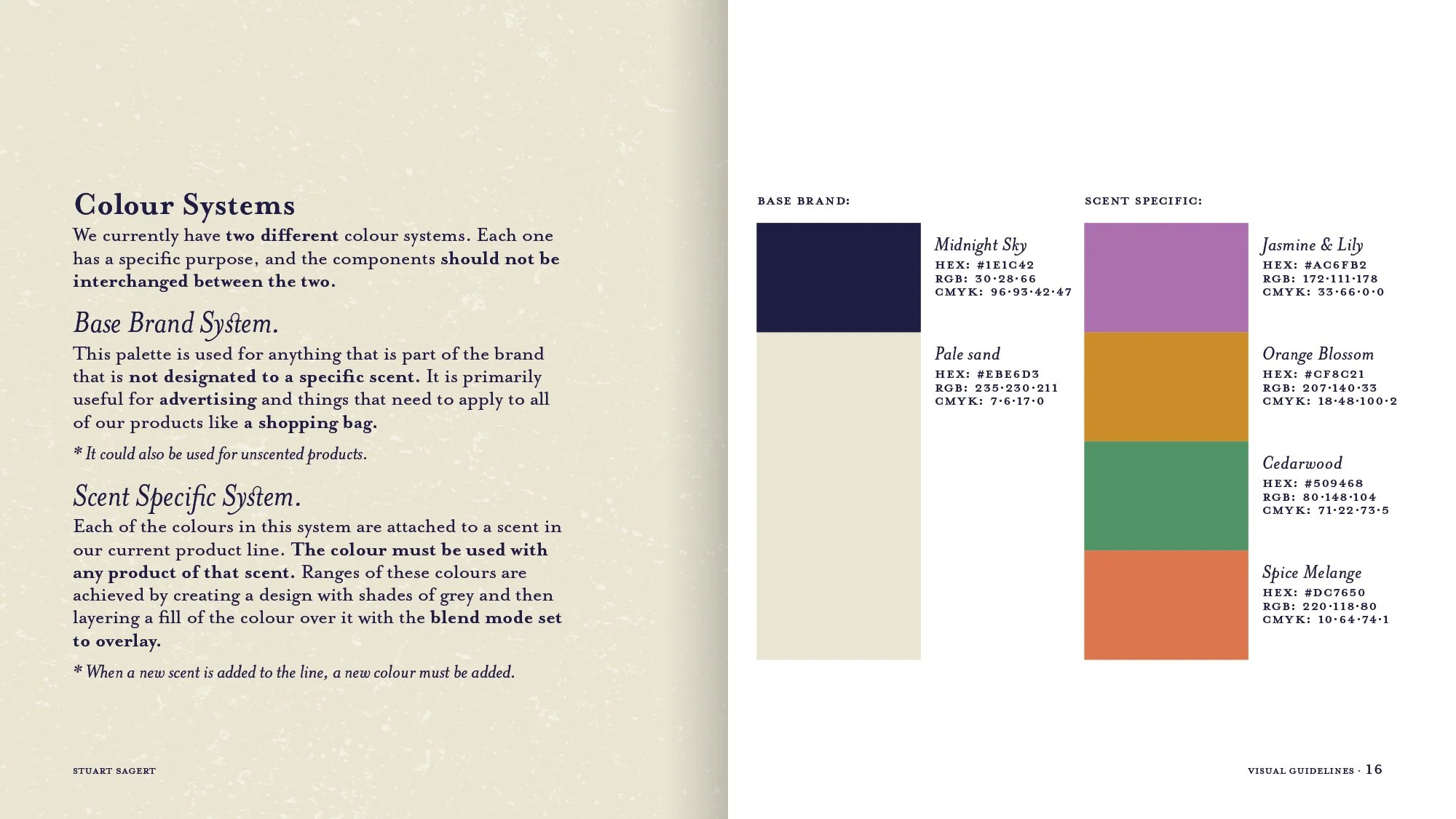 Open book page with text about color systems and a color palette chart. The left page explains the company’s two color systems, the base brand system, and the scent-specific system. The right page displays a color palette with five colors labeled Mid