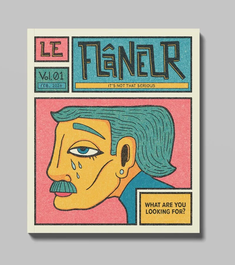 Colorful comic book cover titled "Le Flâneur," featuring a stylized illustration of a man with a mustache, one eye partially closed with tears, and teal hair, with text that reads "It's not that serious" and "What are you looking for?"