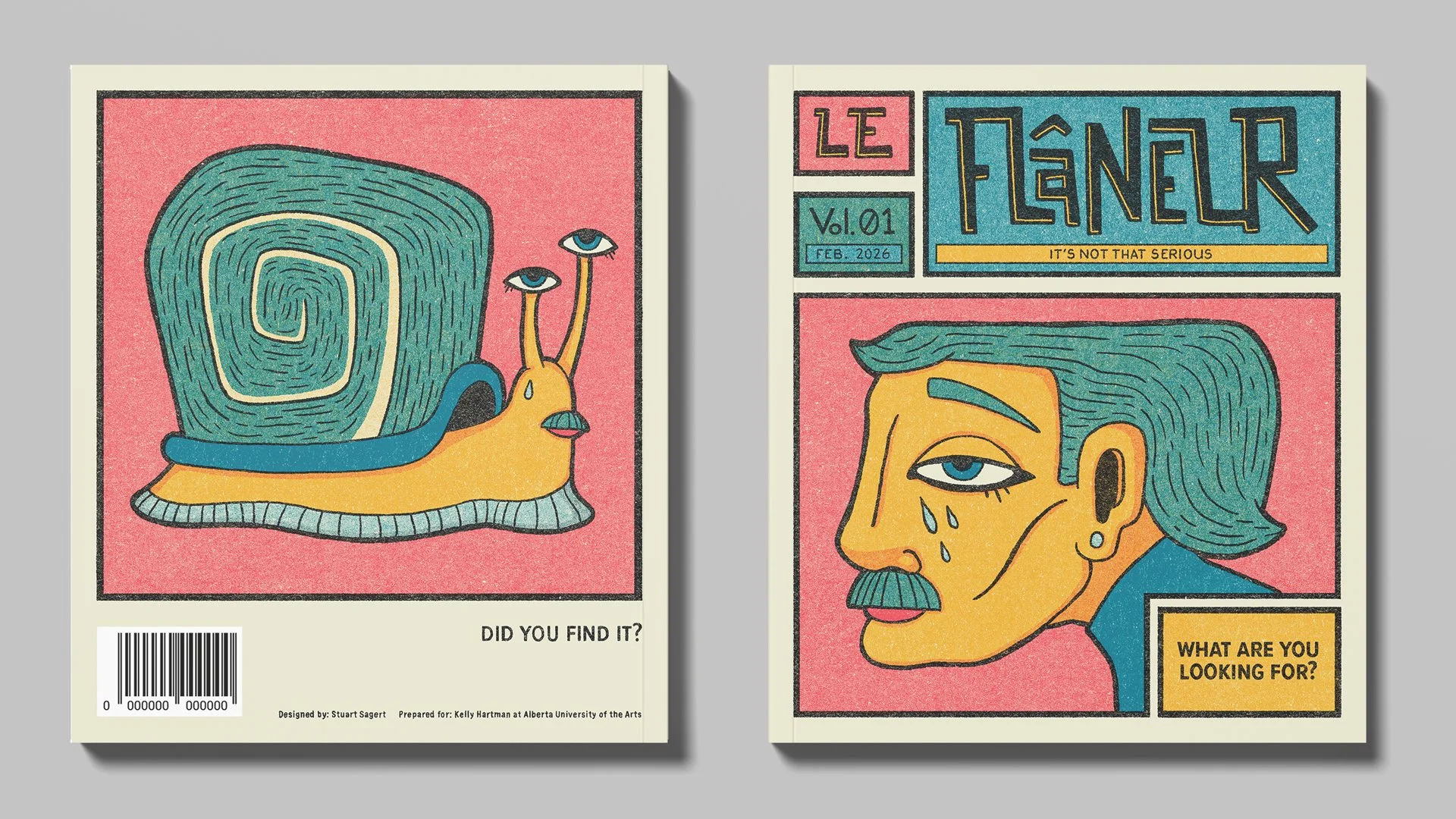 Colorful magazine cover with a cartoon snail that has a snail shell resembling a maze and two eye stalks with human eyes. The cover features a stylized illustration of a man with a mustache, blue hair, and a tear, with text indicating it's from "Le Fâner," February 2026, volume 1. The cover includes questions: "Did you find it?" and "What are you looking for?".
