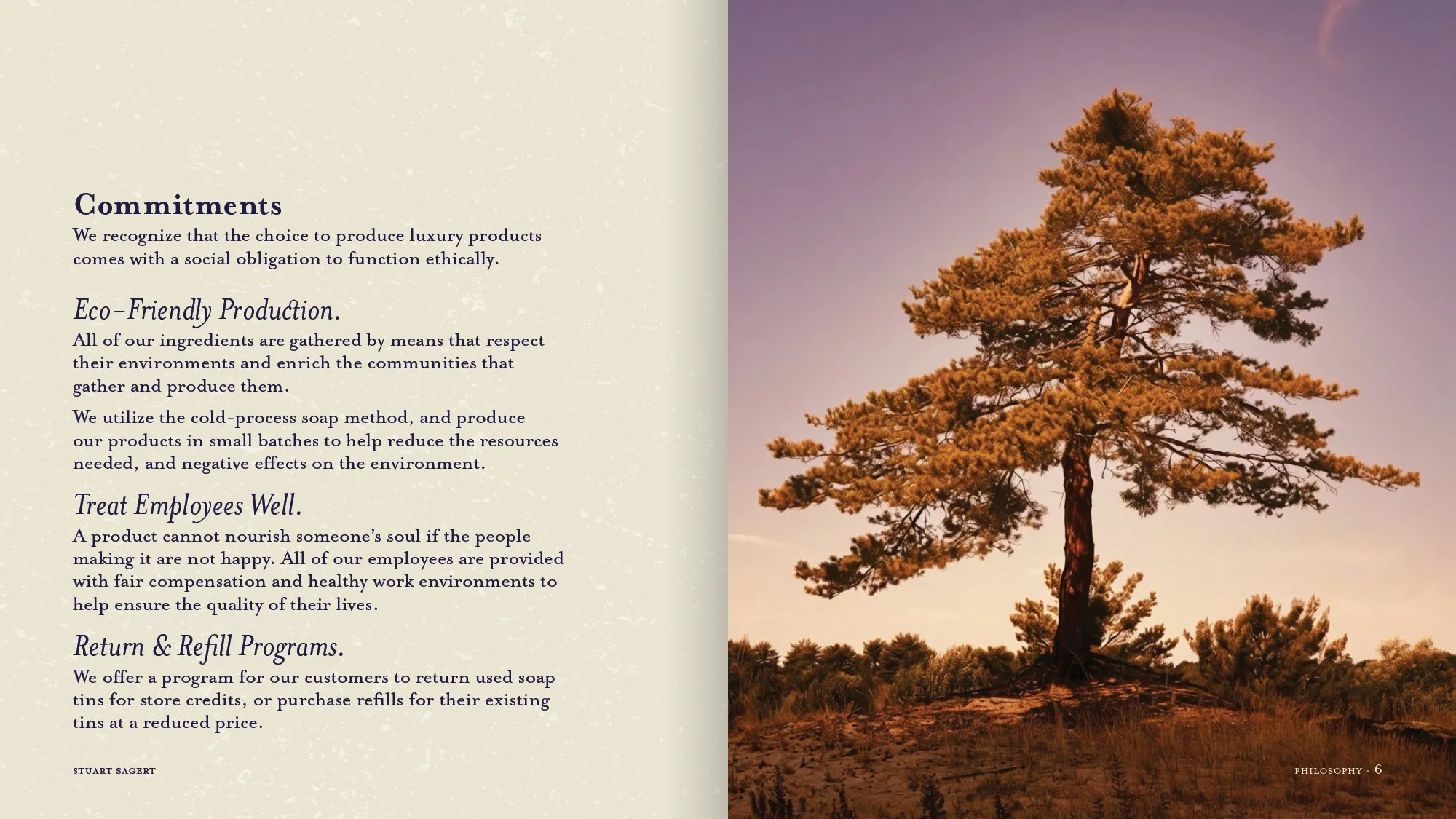 Page from a book with a list of commitments on the left side and a photograph of a tall tree on the right side, taken during sunset.