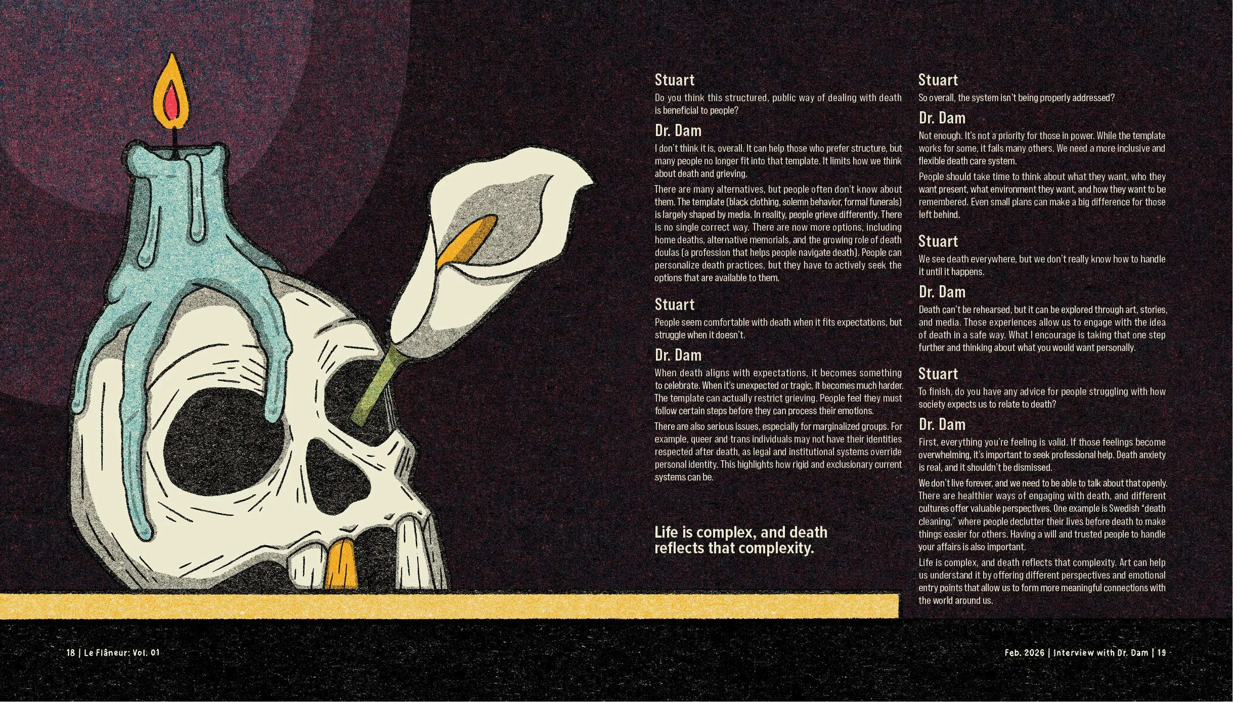 An illustration of a river with a flame-shaped candle on top, a human skull with a melting candle on top, and a white rose with an orange seed in the center. Salon-style artwork with dark background and textual content on the right side.