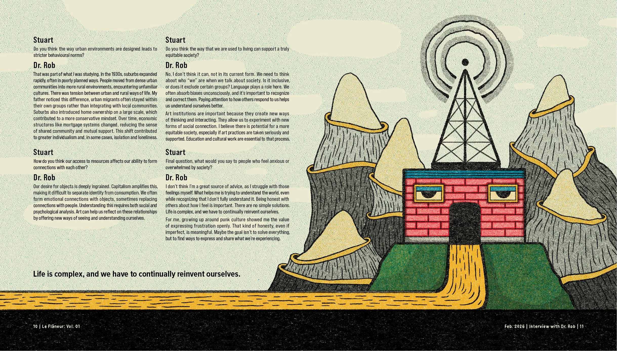 A stylized drawing depicting a small house with a red and blue striped exterior, set among large grey mountains with yellow outlines and connected by yellow roads. There is a large radio tower with circular radio waves emitting from the top in the ba