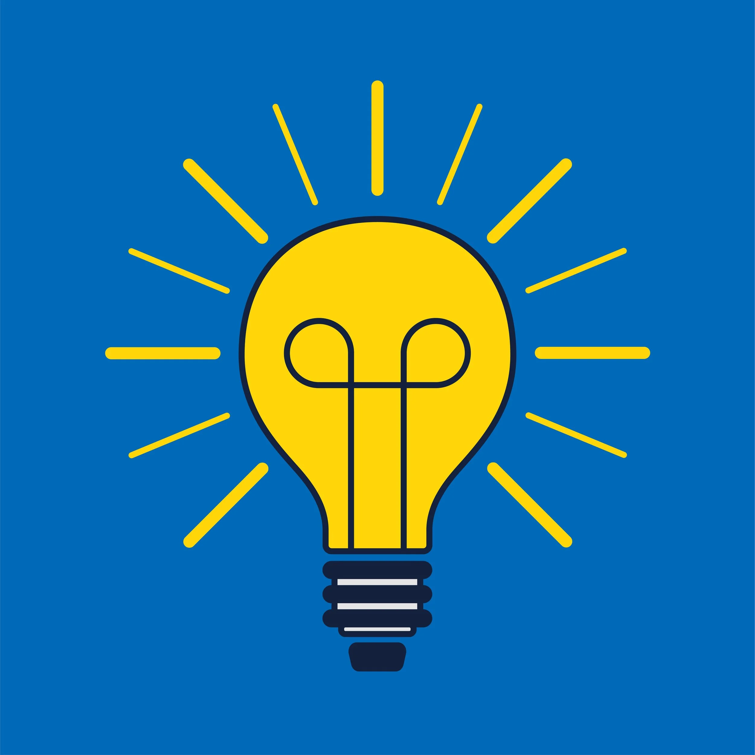 A stylized yellow light bulb diagram with lines representing rays of light, set against a blue background.