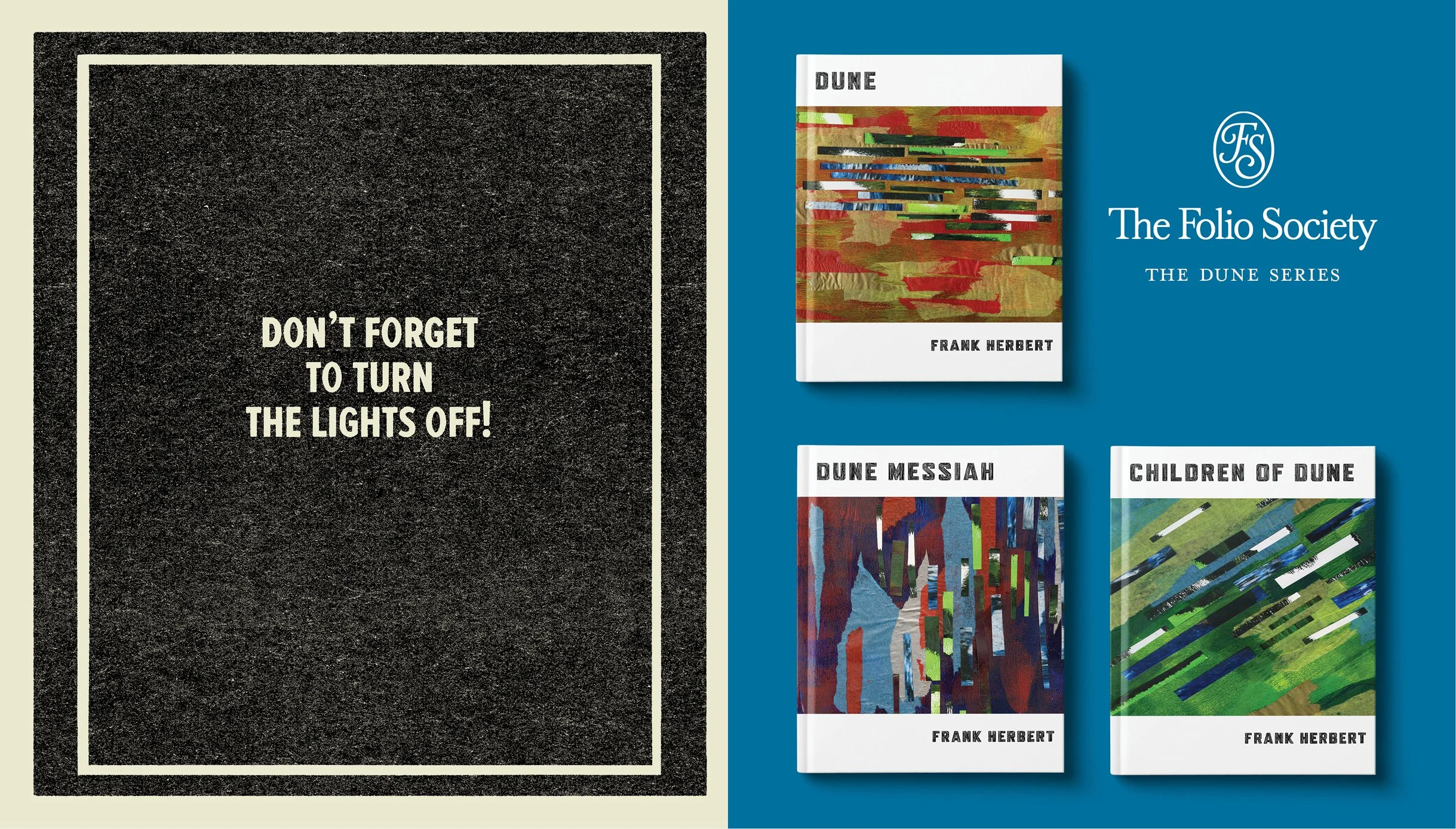 A black doormat with white text that says, "DON'T FORGET TO TURN THE LIGHTS OFF!" and three books from The Folio Society's Dune series with colorful abstract cover art, titled "DUNE," "DUNE MESSIAH," and "CHILDREN OF DUNE," against a blue background.