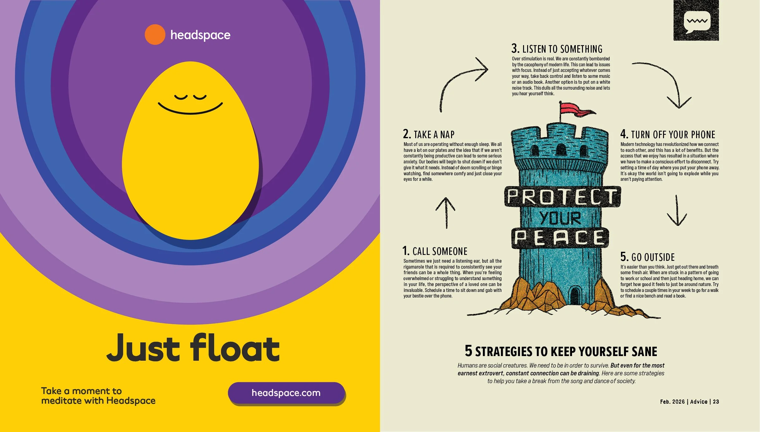 A colorful diagram with a yellow, smiling, oval-shaped character surrounded by concentric circles in purple, blue, and darker blue, with the text 'Just float' and a purple button labeled 'headspace.com'. The diagram encourages taking a moment to medi