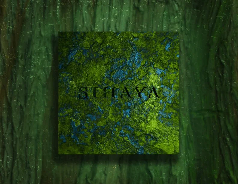 A square green and blue textured artwork with the word 'SIHAYA' written in black in the center, surrounded by a dark green background.