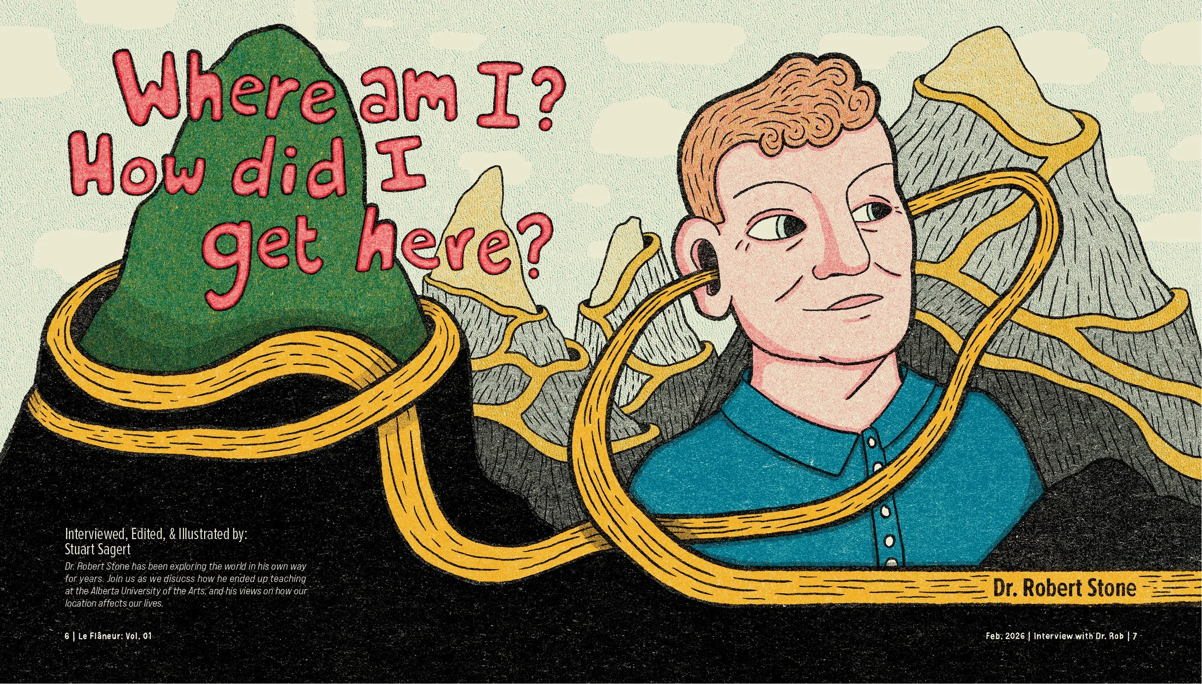 Illustration of a man with red hair and wearing a blue shirt, surrounded by yellow roots and rocks. Green landmass with red text that reads 'Where am I? How did I get here?' and black ground with yellow roots. Small text at the bottom mentions an int