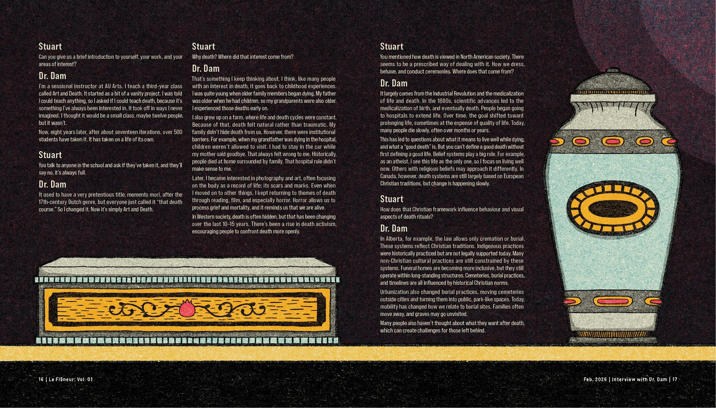 A magazine page featuring interview text with two individuals, Stuart and Dr. Dam, alongside illustrations of a coffin and a vase with a decorative pattern.