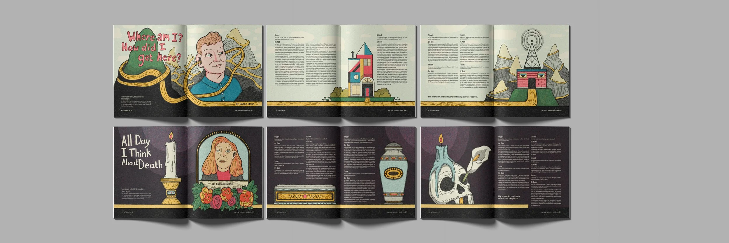 An open magazine with two pages of illustrated content, including drawings of a person, a building, mountains, a radio tower, and various objects, with text about death.