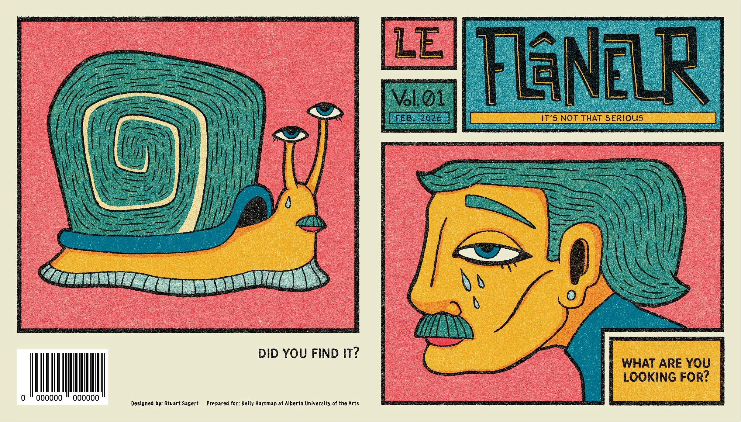 A colorful, abstract comic-style magazine cover titled "Le Funnel," February 2026, volume 01, with the subtitle "It's Not That Serious." The cover features two panels. The left panel shows a snail with a large, spiral shell with eyes on stalks, and a
