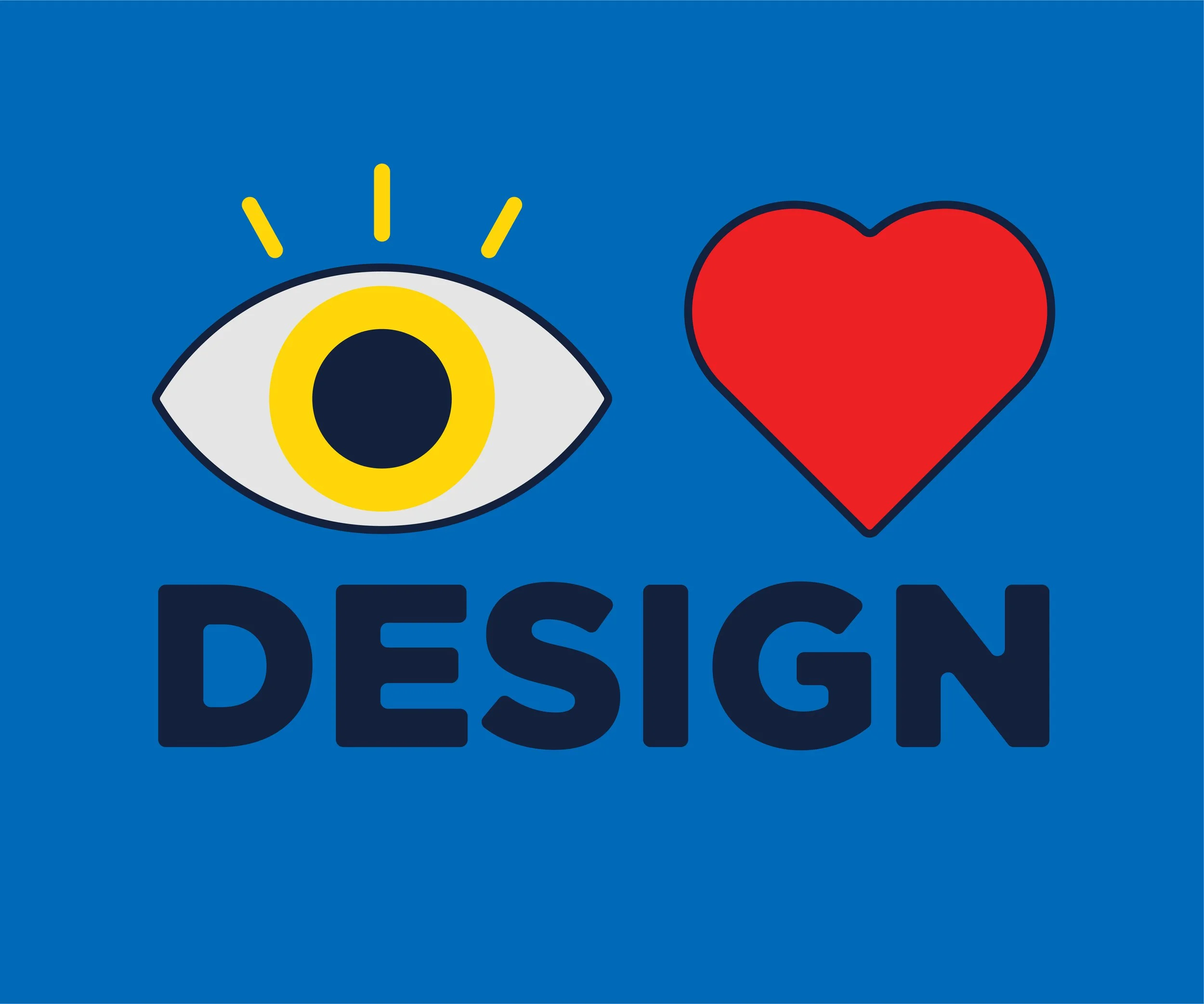 An illustration with an eye, a heart, and the word 'DESIGN' on a blue background.