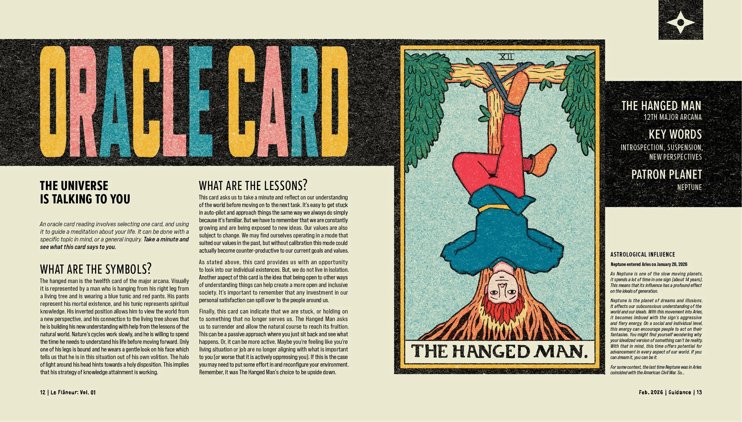 An illustrated tarot card, The Hanged Man, featuring a woman hanging upside down from a tree with green leaves, wearing a blue coat and red pants, against a blue sky background.