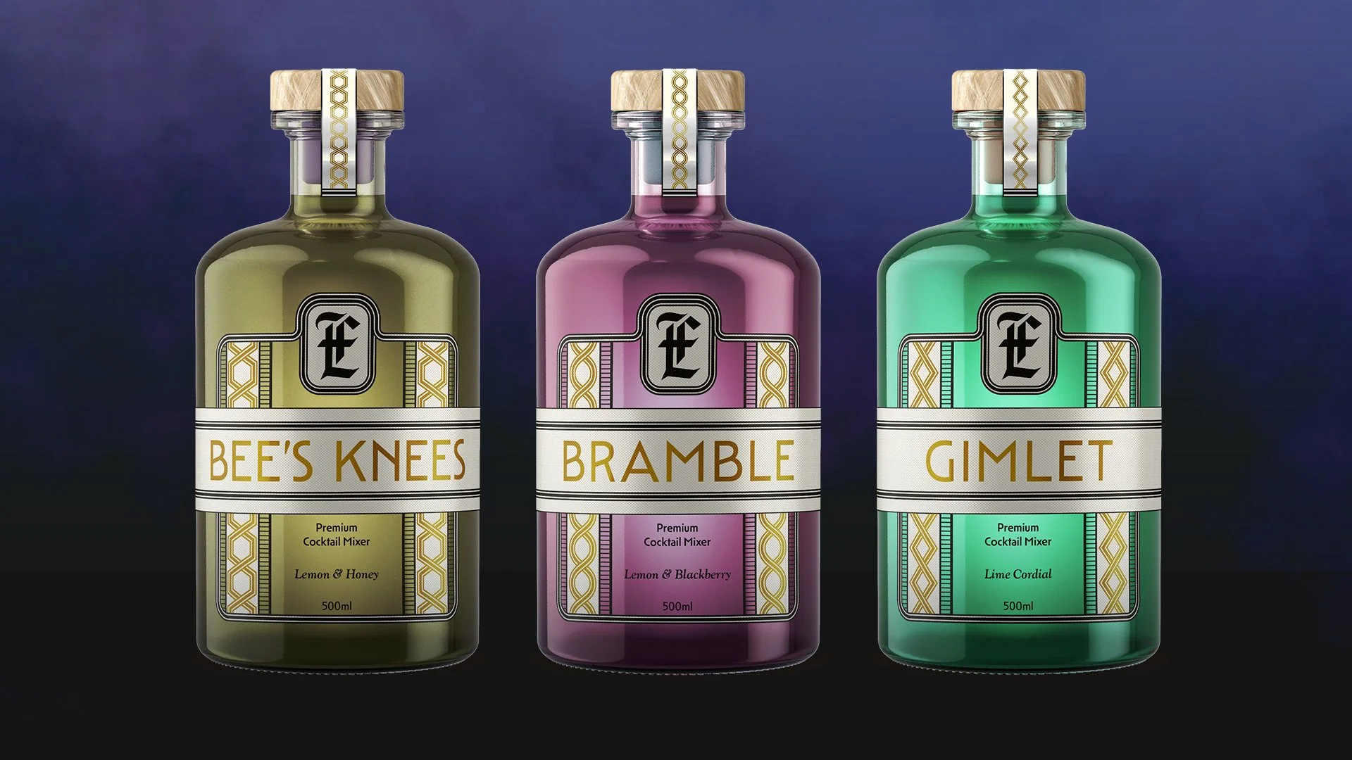 Three bottles labeled Bee's Knees, Bramble, and Gimlet, each with a different cocktail flavor and color, set against a dark background.