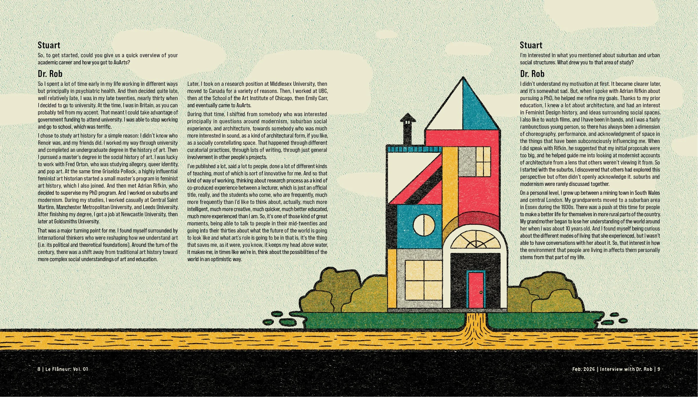 An illustrated infographic with two columns of text and a colorful abstract building illustration in the center. The left column contains an interview with Stuart and Dr. Rob discussing their careers and interests. The right column continues the inte