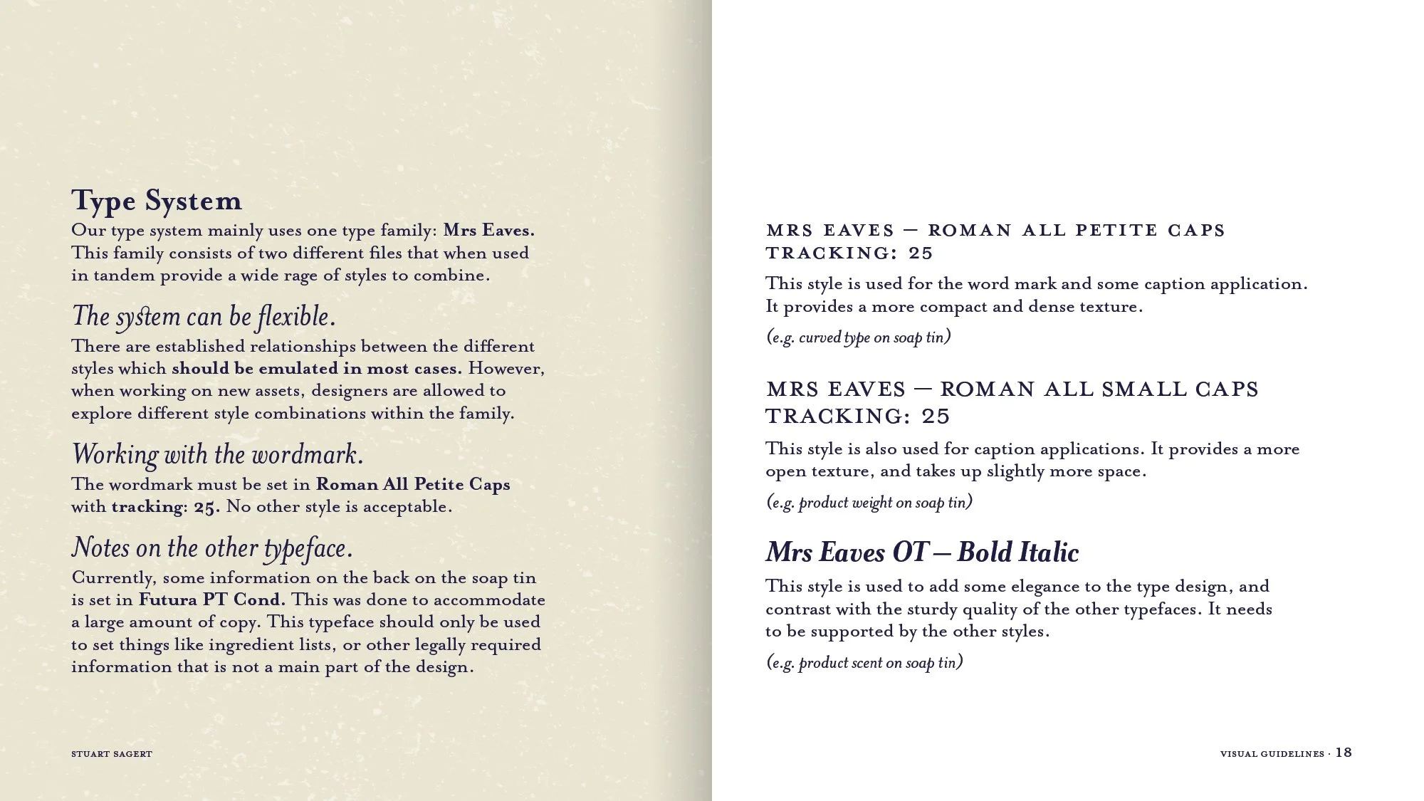 Open book with pages of text explaining a type system, including specific font styles and examples.