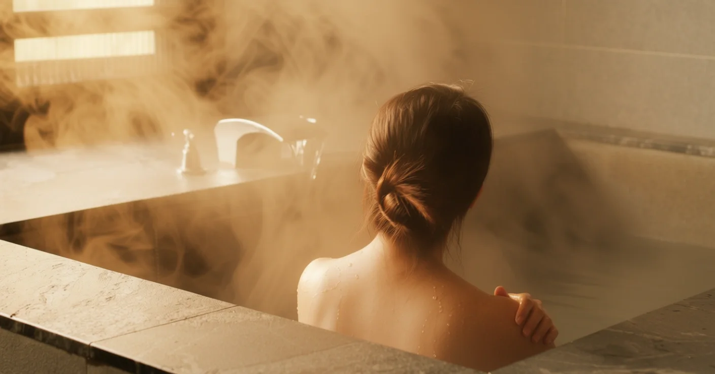 Woman with tied-back hair taking a bath in a steam-filled, tiled hot tub