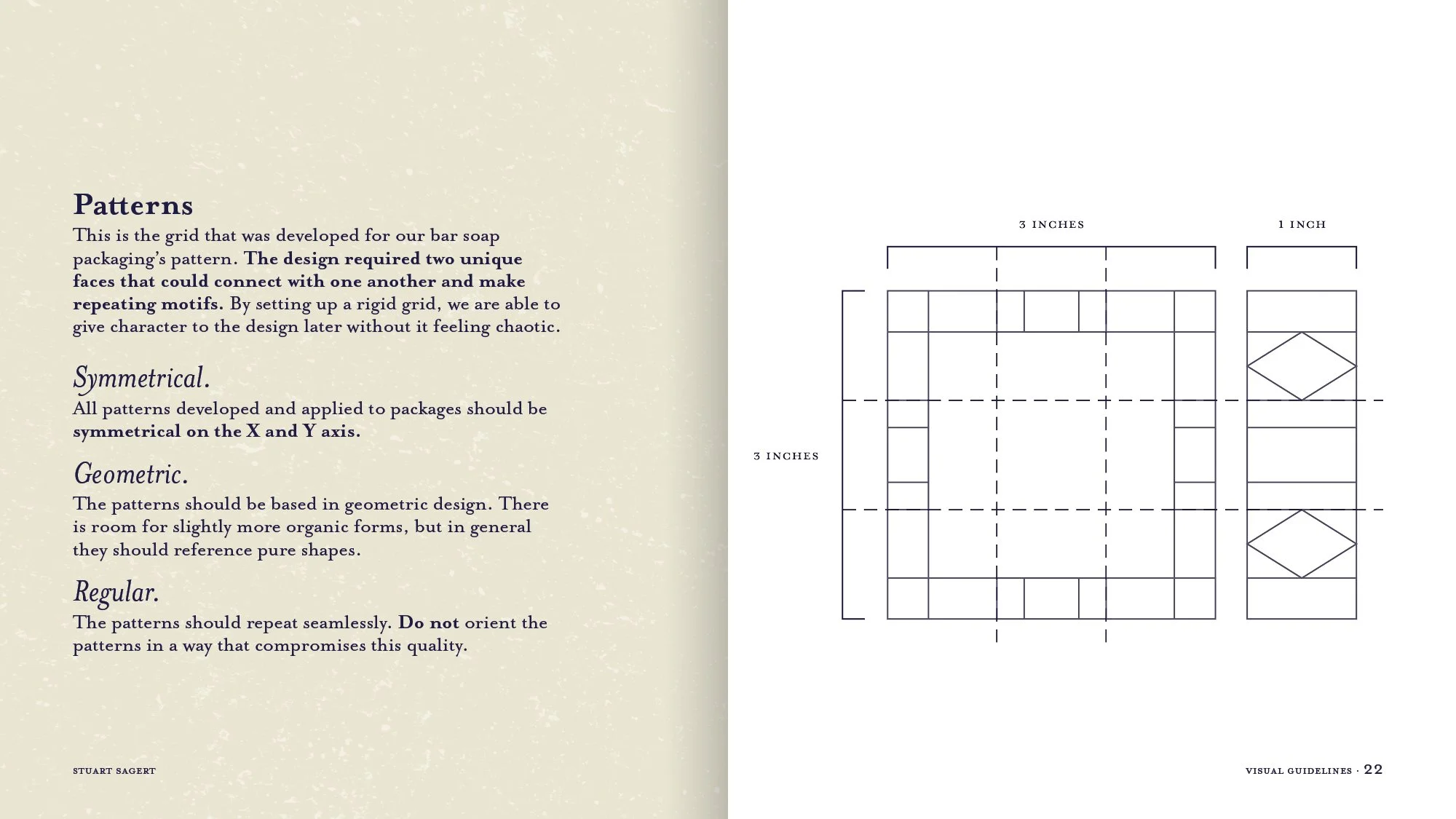 A two-page spread from a book or magazine. The left page contains text titled 'Patterns' explaining design principles for packaging, emphasizing symmetry, geometric shapes, and seamless repetition. The right page shows detailed sketched grid patterns