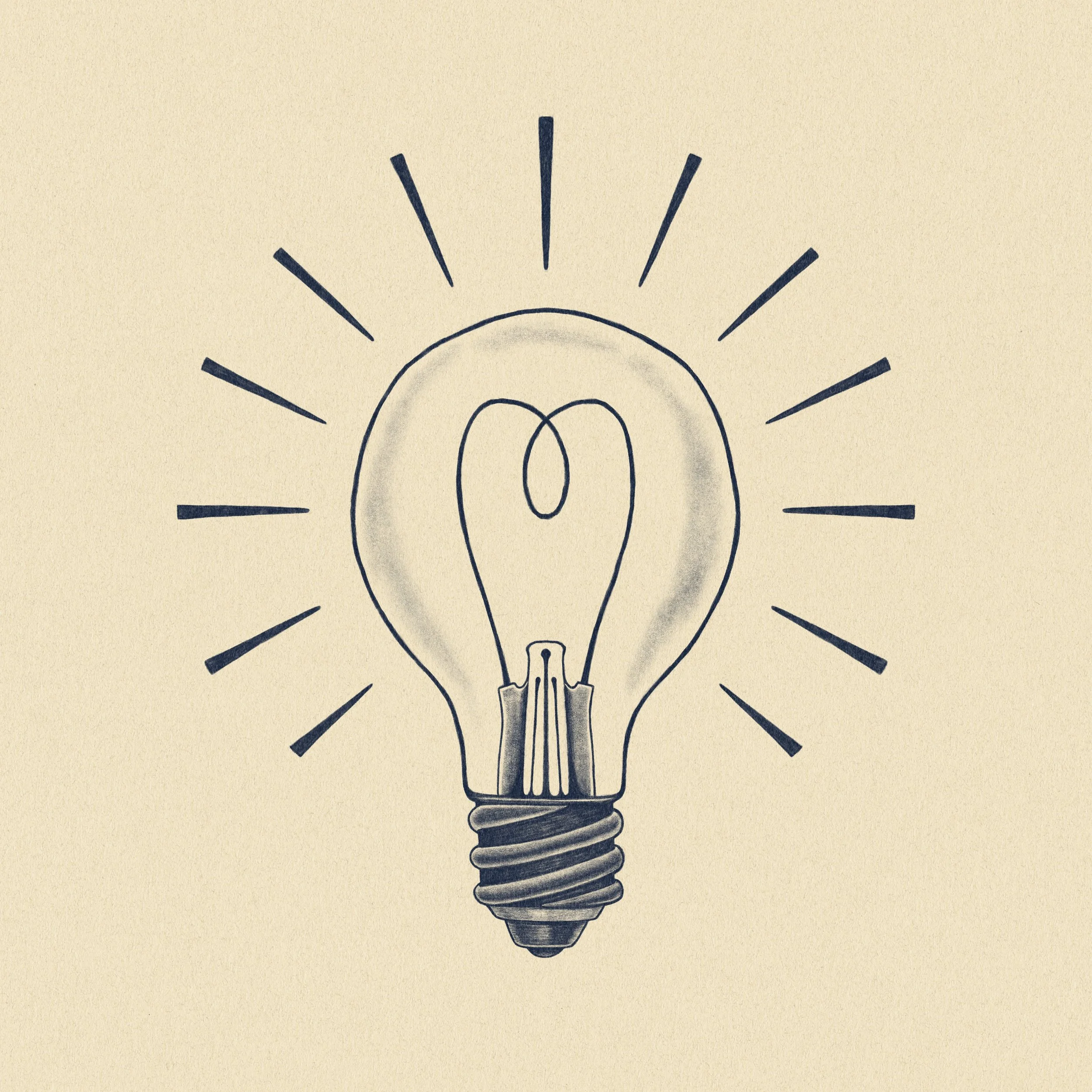 A hand-drawn illustration of a light bulb with lines radiating outwards, symbolizing an idea or inspiration.
