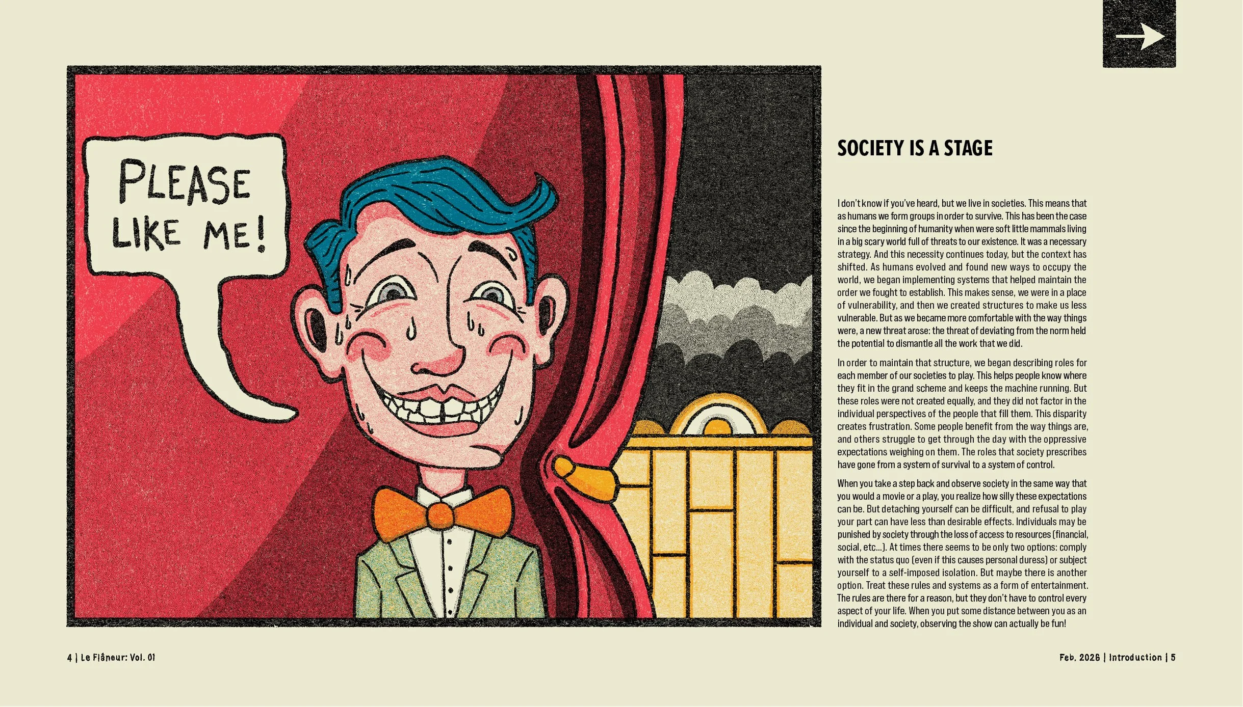 A cartoon illustration of a man with blue hair, smiling and sweating, wearing a green suit and orange bow tie, with a speech bubble that says "Please Like Me!". The background depicts a stage with a red curtain, and the scene appears to relate to a d