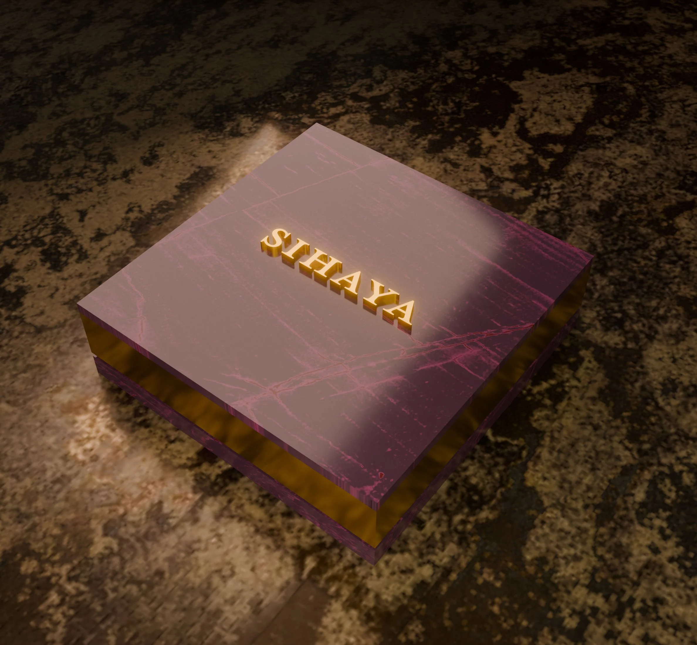 A pink marble box with gold edges and the word 'SIHAYA' in gold 3D letters on top, placed on a dark textured surface.