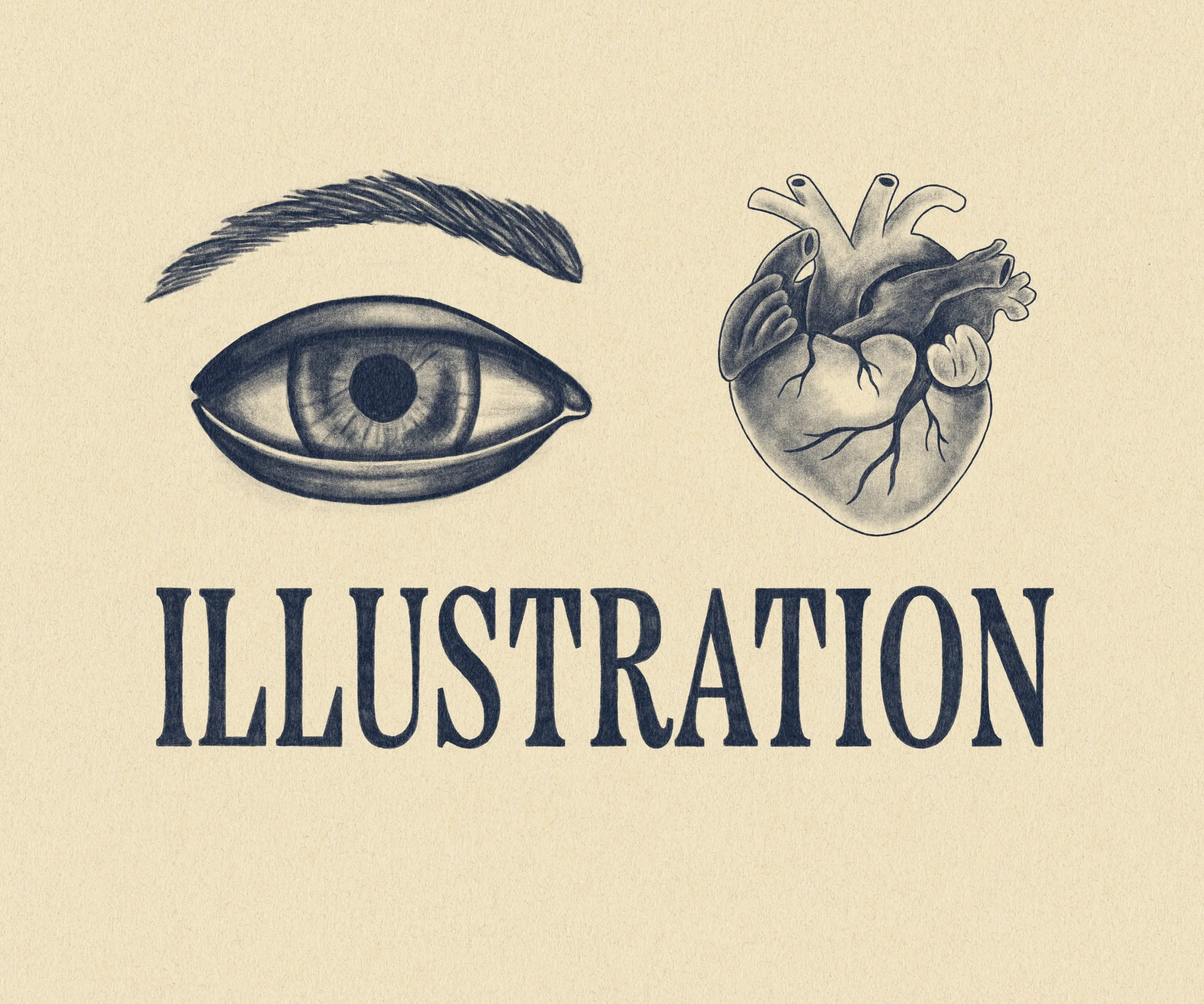 A drawing of a human eye, a detailed anatomical heart, and the word 'ILLUSTRATION' in bold letters.