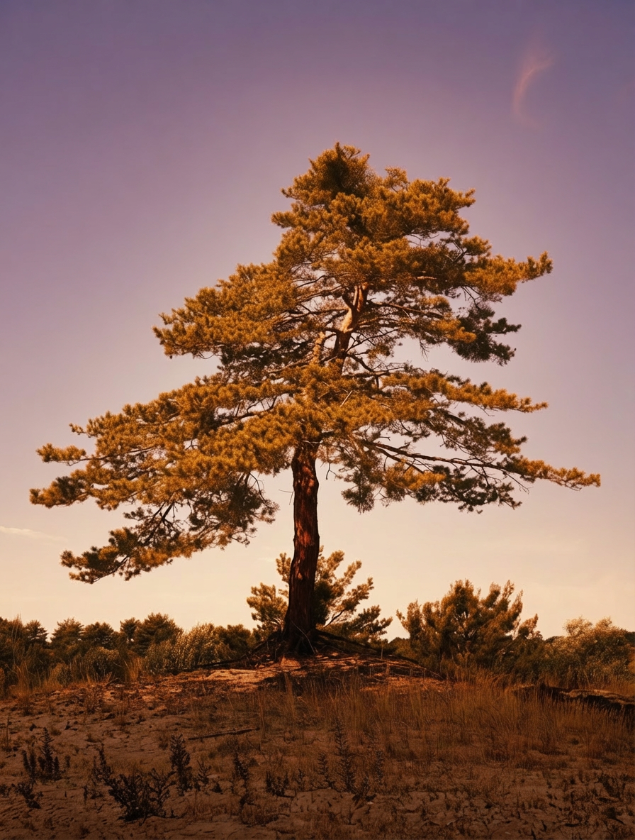 A lone pine tree on a small hilltop during sunset or sunrise with a colorful sky in the background.