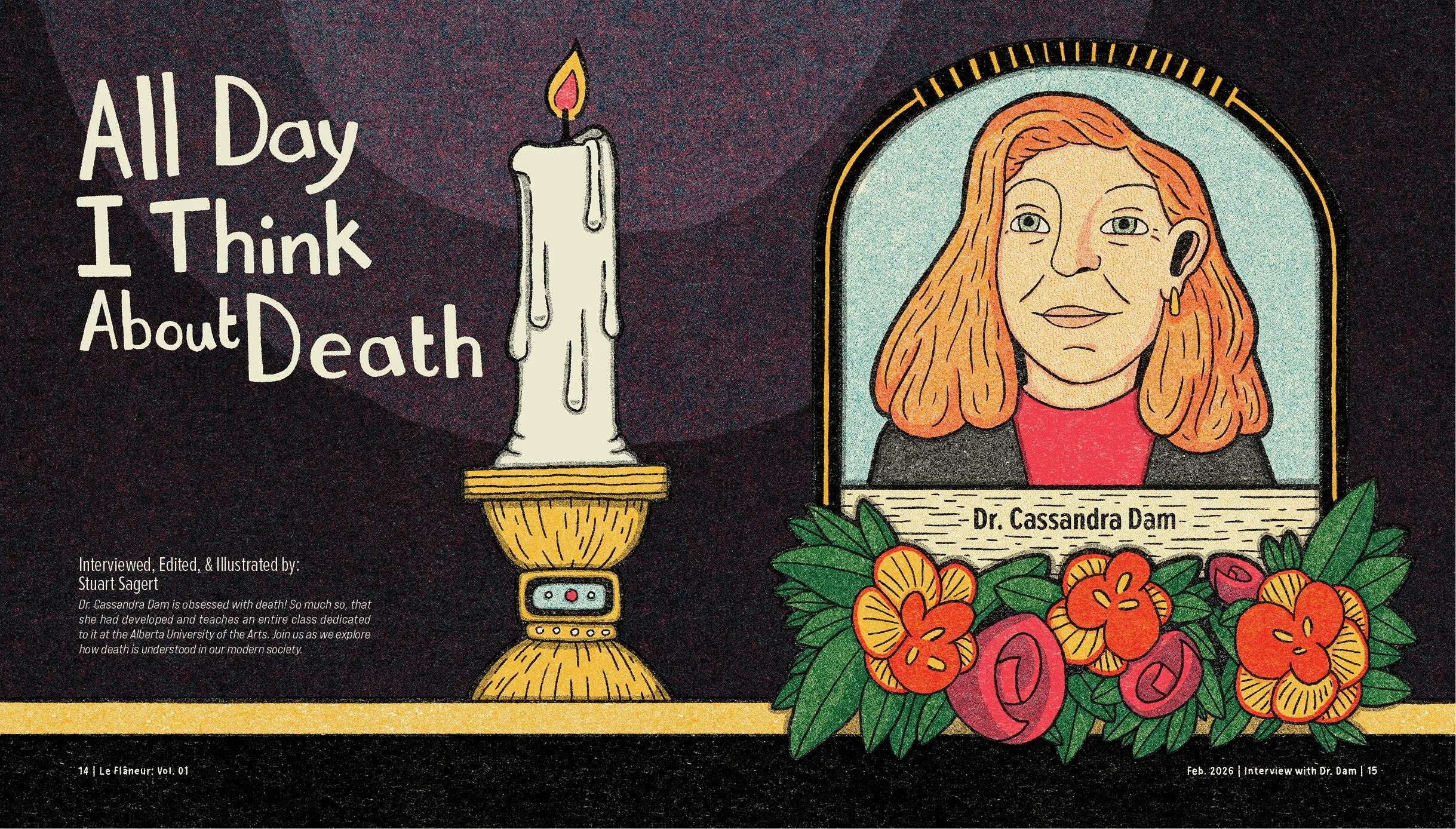 Illustration of a candle with melting wax and a flame, a portrait of Dr. Cassandra Dam with orange hair, a red shirt, and earrings, surrounded by colorful flowers. The text reads 'All Day I Think About Death' and notes interview conducted by Stuart S