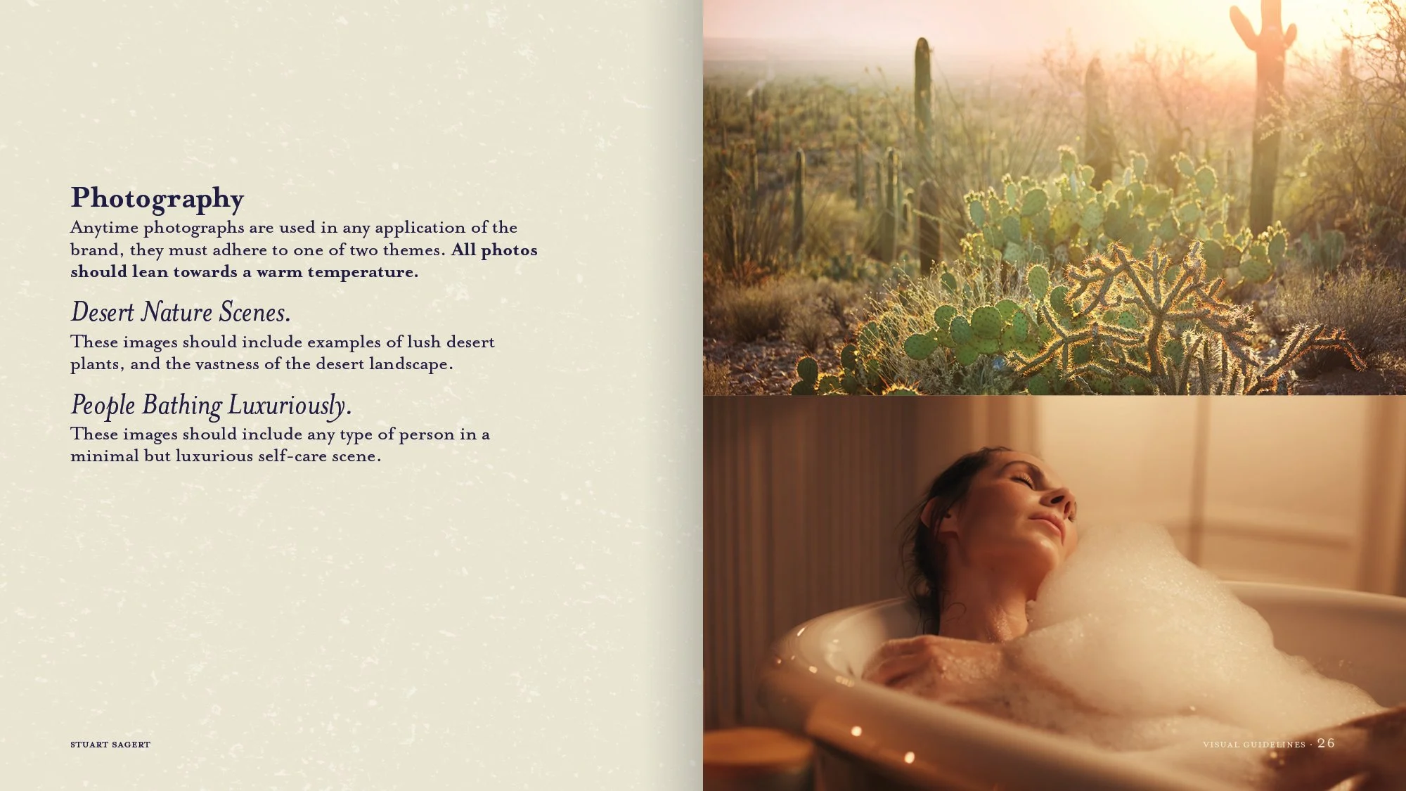 A desert landscape with cacti at sunset, and a woman relaxing in a bubble bath with warm lighting.