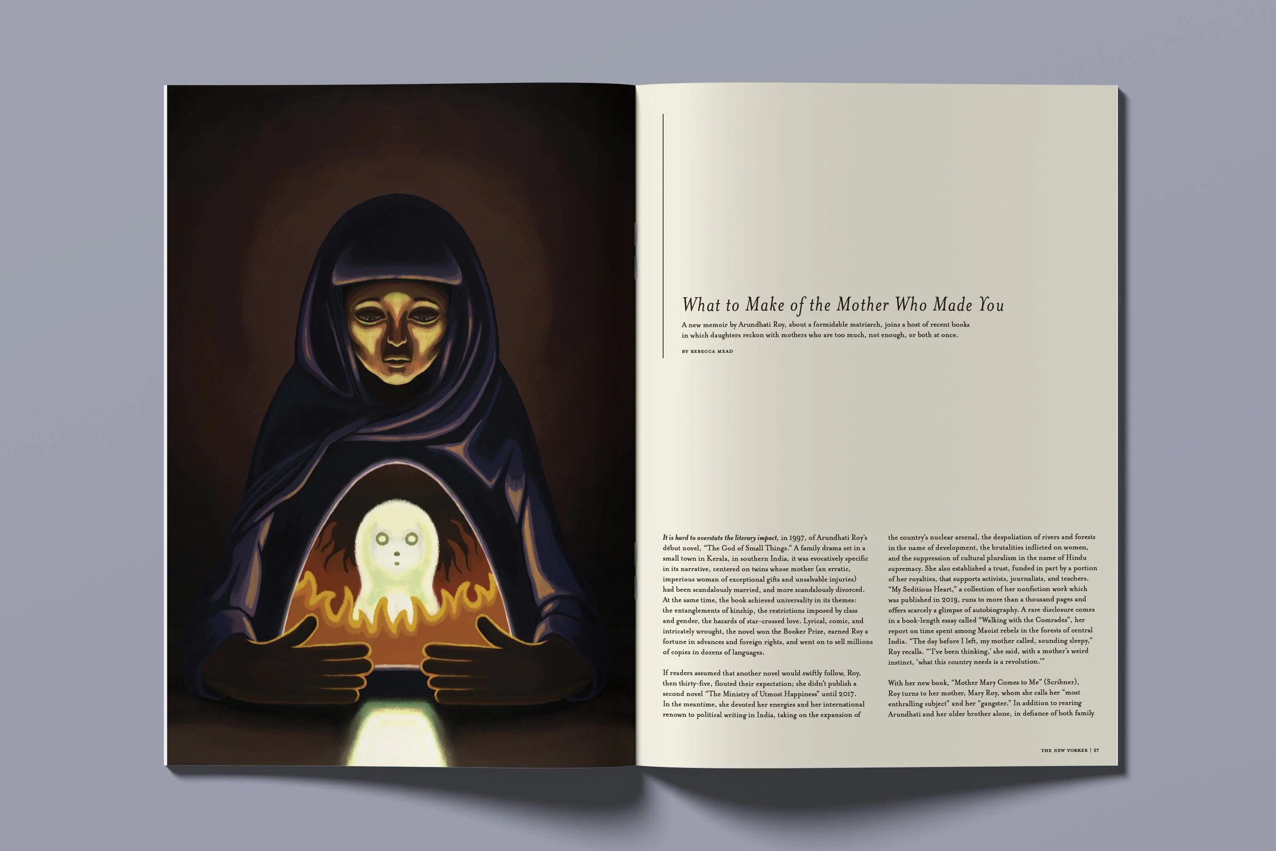 An illustration of a woman wearing a hooded coat holding a glowing baby with a ghostly face, surrounded by flames, in a dark background.