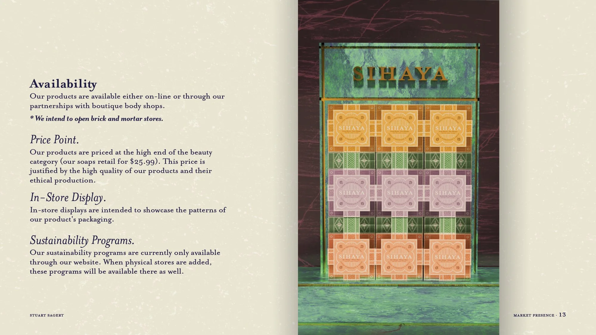 Text on the left page explains product availability, pricing, in-store display, and sustainability programs for a brand called Sihaya. The right page shows a display of packaged products labeled Sihaya, arranged on a stand with a green background and