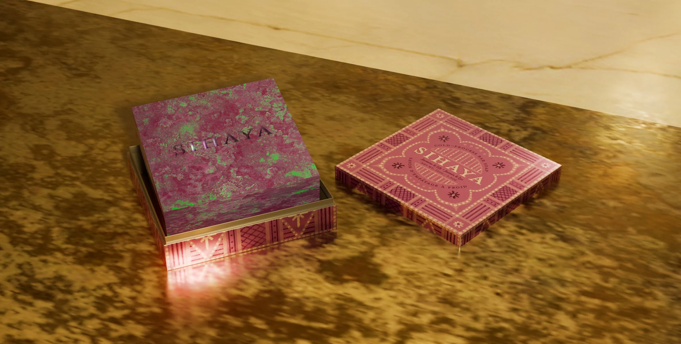 Pink decorative soap box that is open and displaying bar soap.