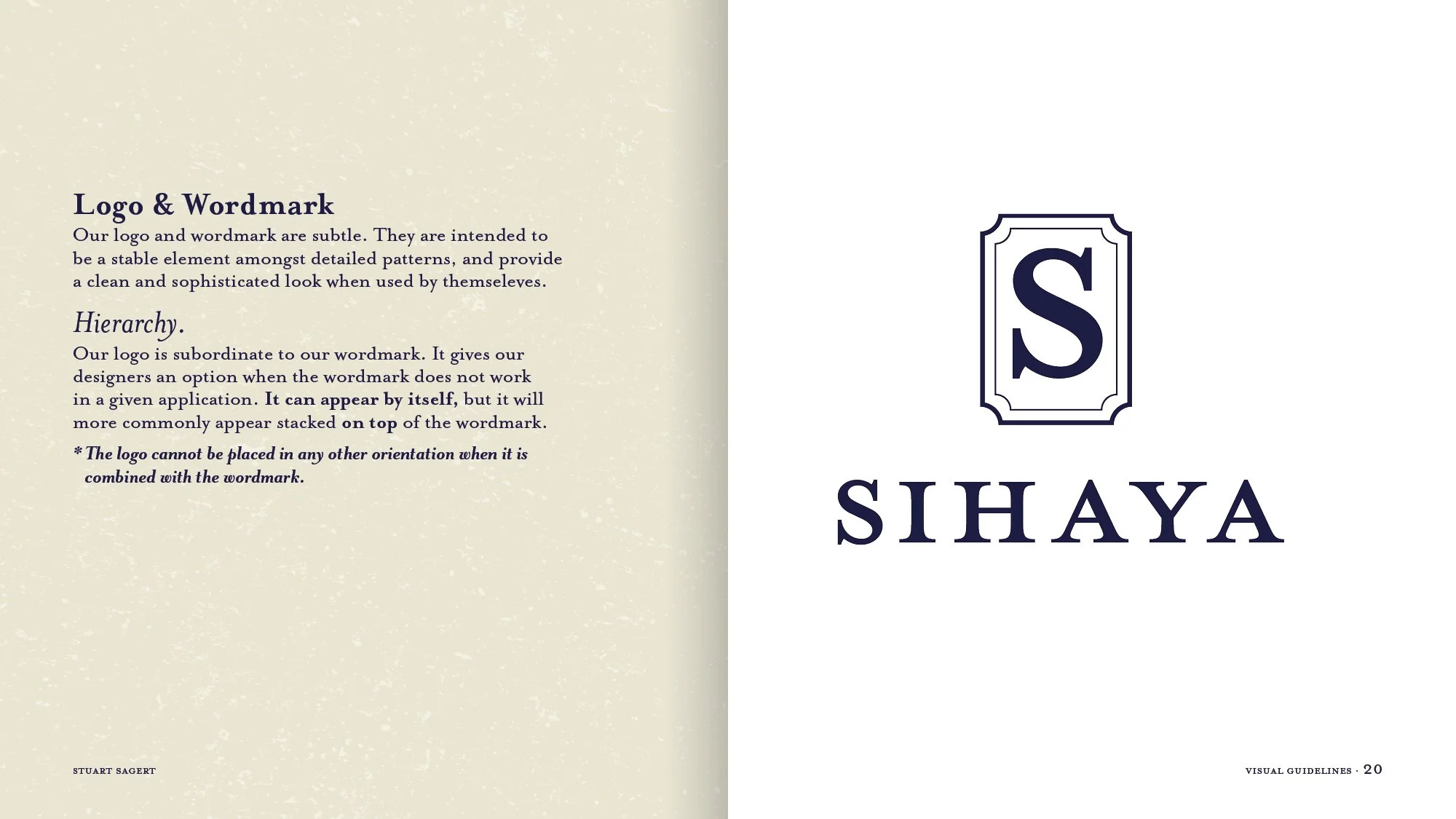 Open book displaying page with instructions on logo and wordmark design, and a right page with a logo featuring a stylized 'S' inside a decorative border and the text 'SIHAYA' below it.