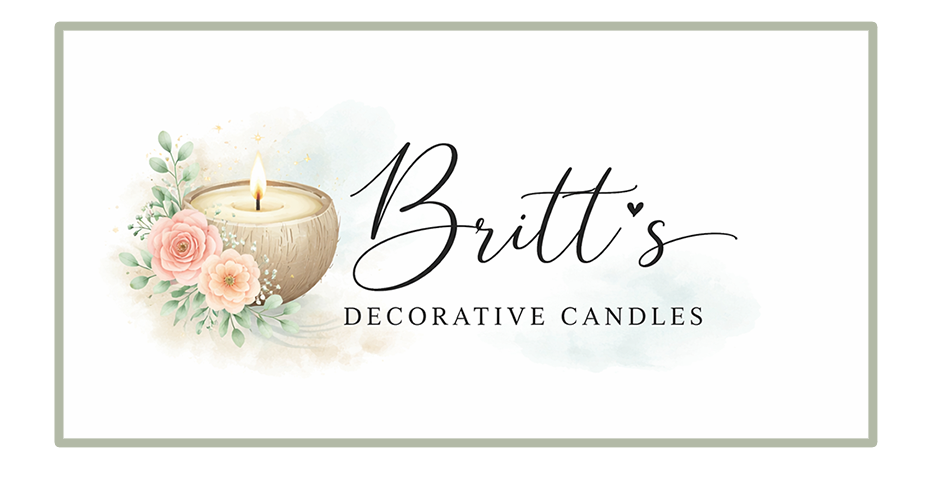 Logo for Britt's Decorative Candles with a lit candle in a decorative holder, surrounded by pink roses and greenery, on a soft watercolor background.