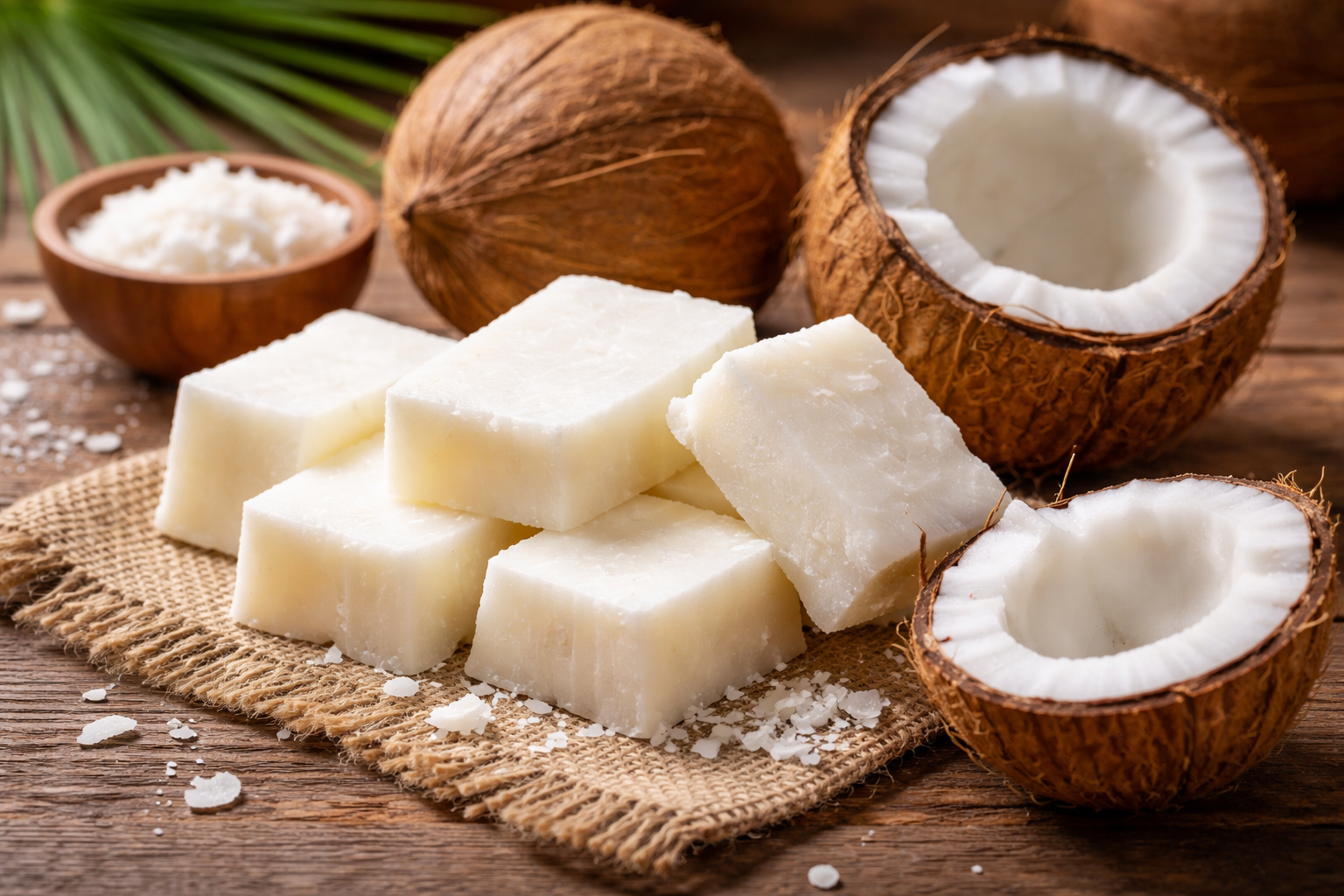 Chunks of white coconut fat on burlap, halved coconuts with brown shells, and a small bowl of shredded coconut on a wooden surface.