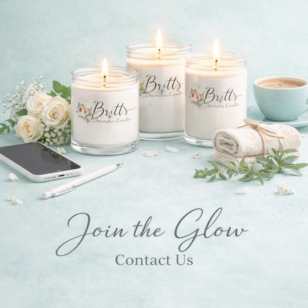 Three lit decorative candles labeled 'Britts' on a table with white roses, a smartphone, a pen, a rolled towel, a cup of coffee, and greenery, with the text 'Join the Glow Contact Us' at the bottom.
