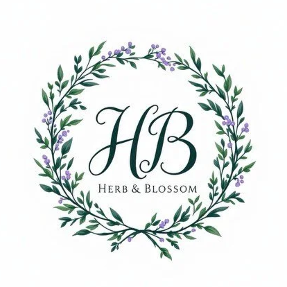 Logo with the initials 'HB' surrounded by a wreath of green leaves and purple flowers, with the words 'Herb & Blossom' underneath.