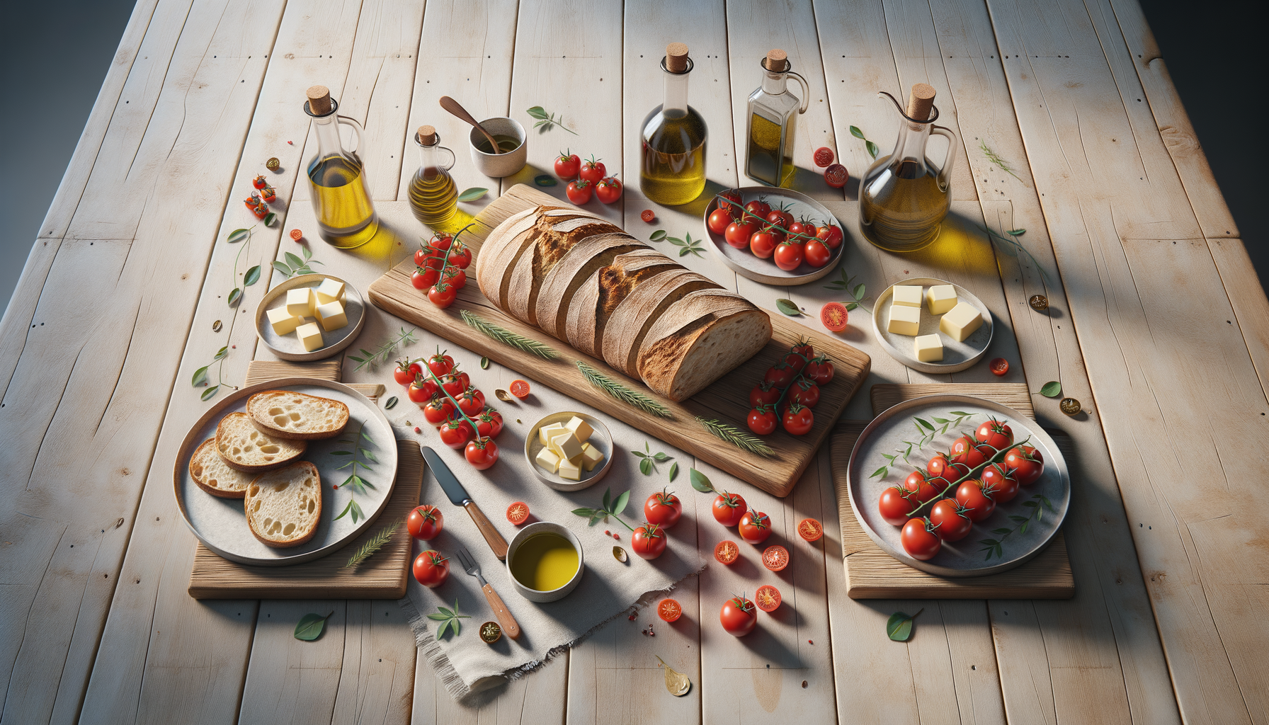 A rustic wooden table set for a meal featuring sliced bread, cherry tomatoes, butter, olive oil, and herbs, with various bottles of olive oil or vinegar and scattered leaves and cherry tomatoes.