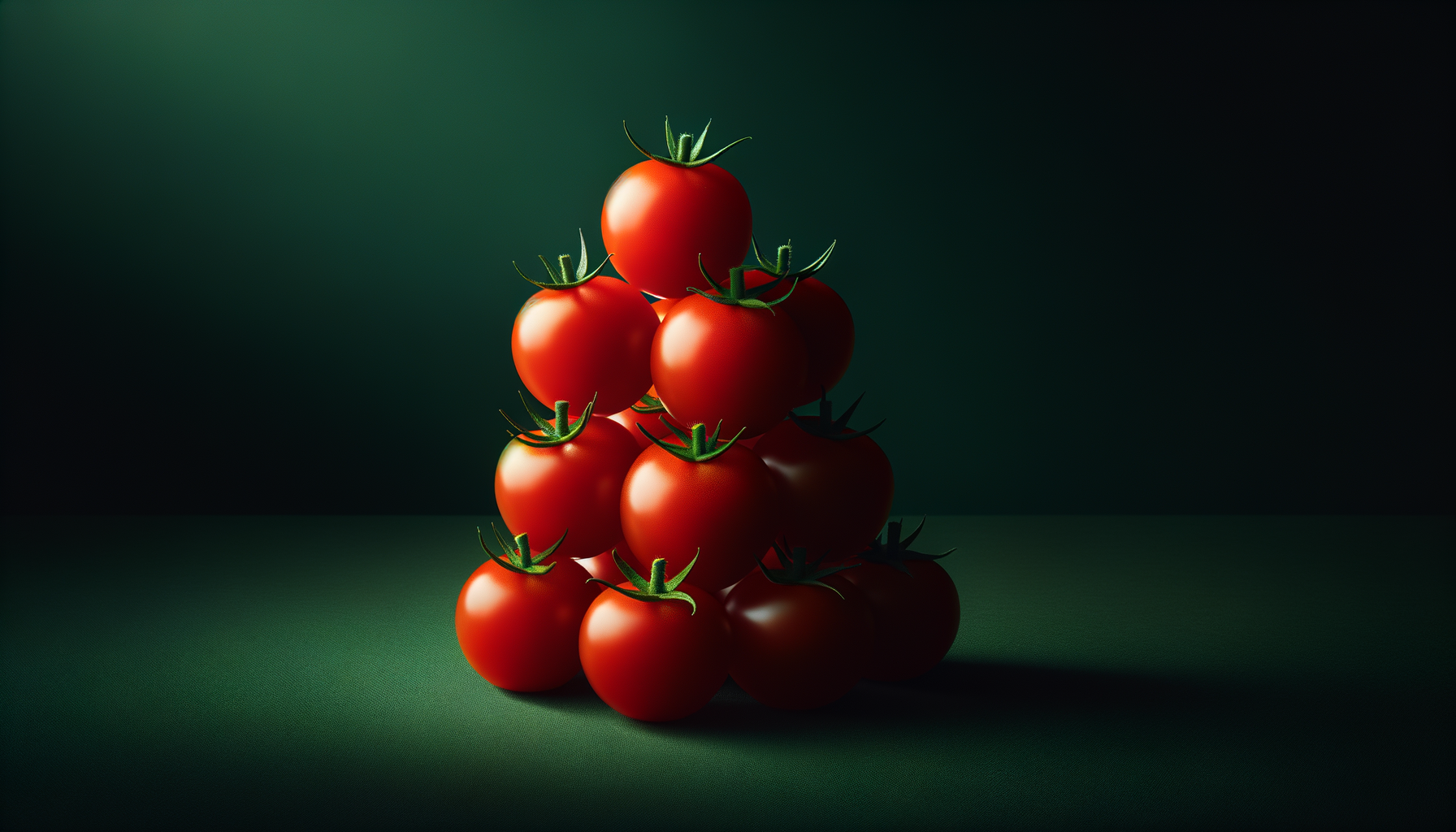 A pyramid of fresh red tomatoes stacked on a green surface with a dark green background.
