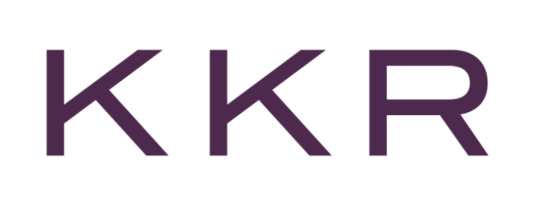 The image shows the letters KKR in purple font on a white background.
