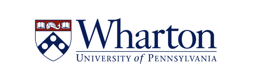 Wharton University of Pennsylvania logo featuring a shield with a dolphin and open books.
