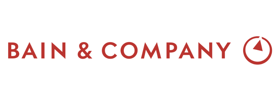 Bain & Company logo featuring red text and a circular compass-like icon with a red arrow
